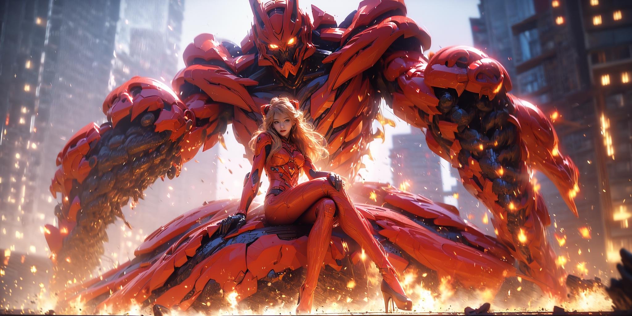 Epic CG masterpiece,Asuka Langley Soryu,hdr,dtm,full ha,Sitting on mecha device,8K,ultra detailed graphic tension,dynamic poses,stunning colors,3D rendering,surrealism,cinematic lighting effects,realism,00 renderer,super realistic,glowing,magic,full_body photos,super vista,super wide Angle,HD,<lora:绪儿-明日香_v1.0:0.8>,<lora:MFlame:0.5>,