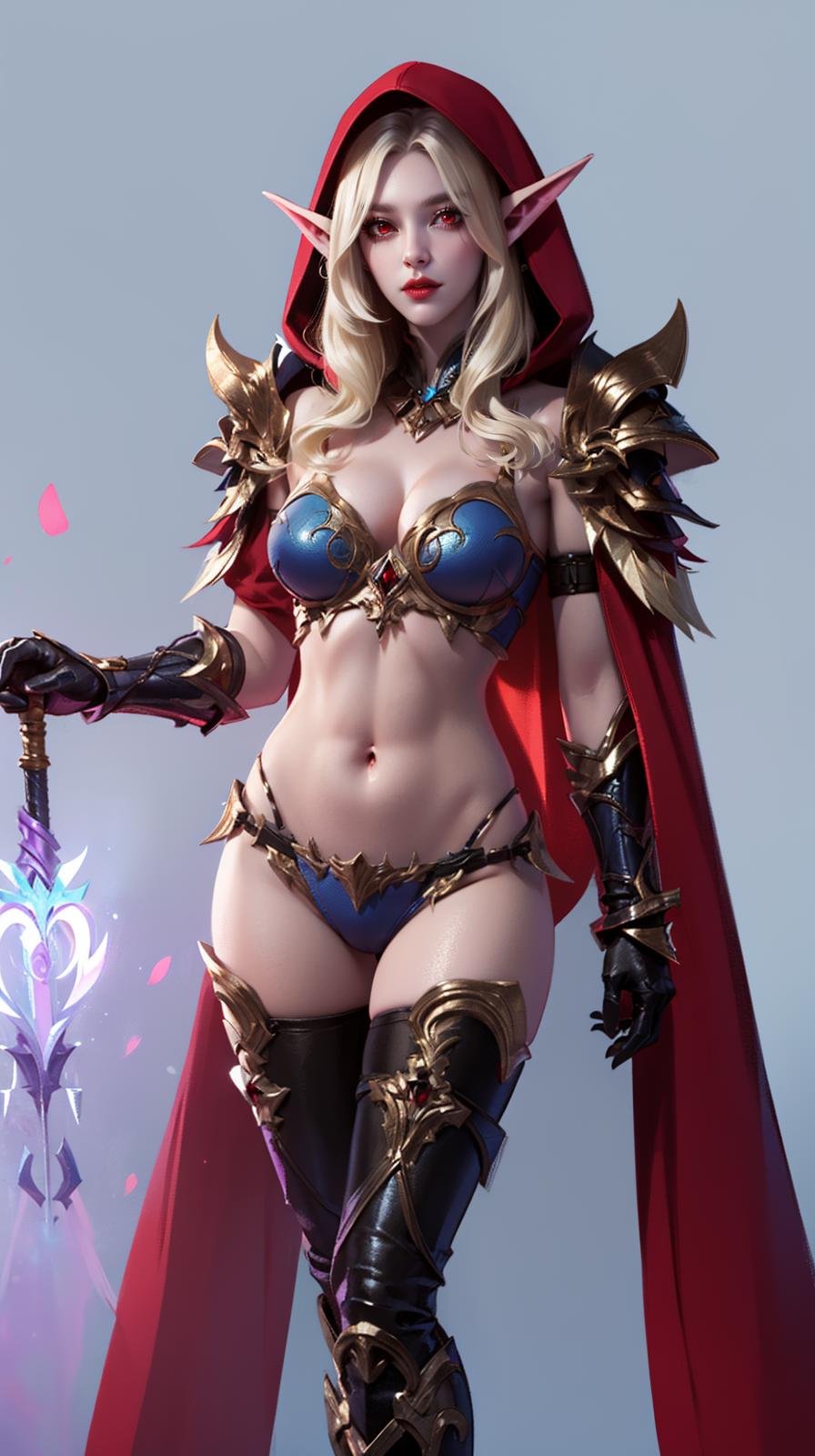 SYLVANAS_WINDRUNNER_AIWAIFU,COLORED_SCLERA,BLUE_SKIN,COLORED_SKIN,RED_EYES,GLOWING_EYES,LARGE_BREASTS,LONG_HAIR,ARMOR,NAVEL,HOOD,UNDEAD,WEAPON,GLOWING,BIKINI_ARMOR,POINTY_EARS,SHOULDER_ARMOR,CLEAVAGE,CLOAK,GAUNTLETS,HOODED_CLOAK,HOOD_UP,THIGHHIGHS,MIDRIFF,BLONDE_HAIR,ELF,LIPS,GLOVES,PAULDRONS,BREASTPLATE,BLACK_SCLERA,MAGIC,THIGH_STRAP,ELBOW_GLOVES,<lora:sxzSylvanasWindrunner_sxzSylvanas:0.3>,