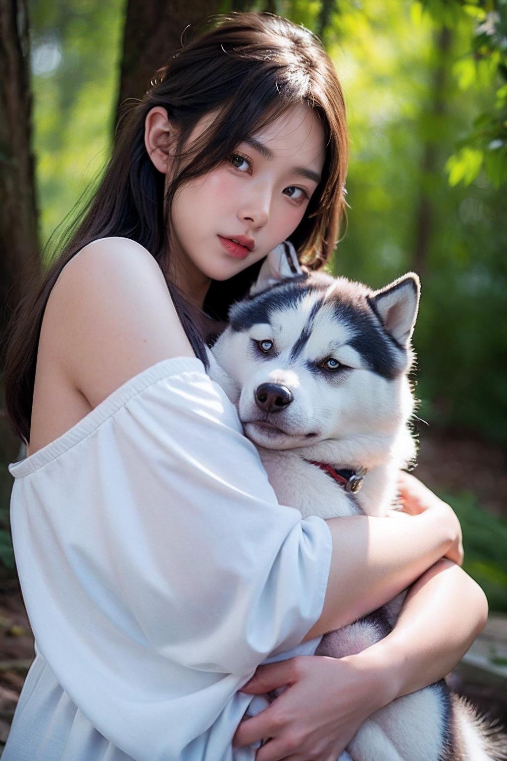 1girl hugging husky,extremely detailed,realistic,