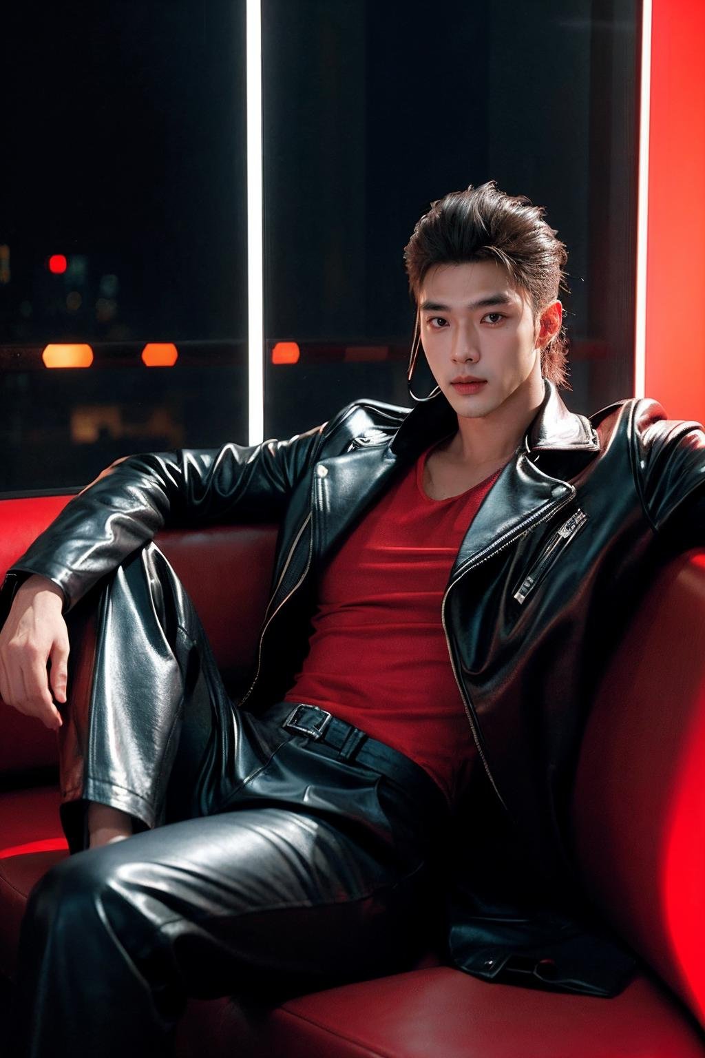 a very handsome young male gangster in a leather jacket of bold futuristic design. he is sitting on a plush sofa with his legs crossed,drinking,looking at us,the smoke contrasting beautifully with the red light of the room. The location is a futuristic high-rise hotel,and the glass wall behind him reveals a futuristic metropolis. He is the young gang of the city of the future,full of confidence and spaciousness. This high quality,artistic digital art is mesmerizing to look at and is super detailed. Super-detailed face,super-detailed skin,super-detailed eyes.,pants,