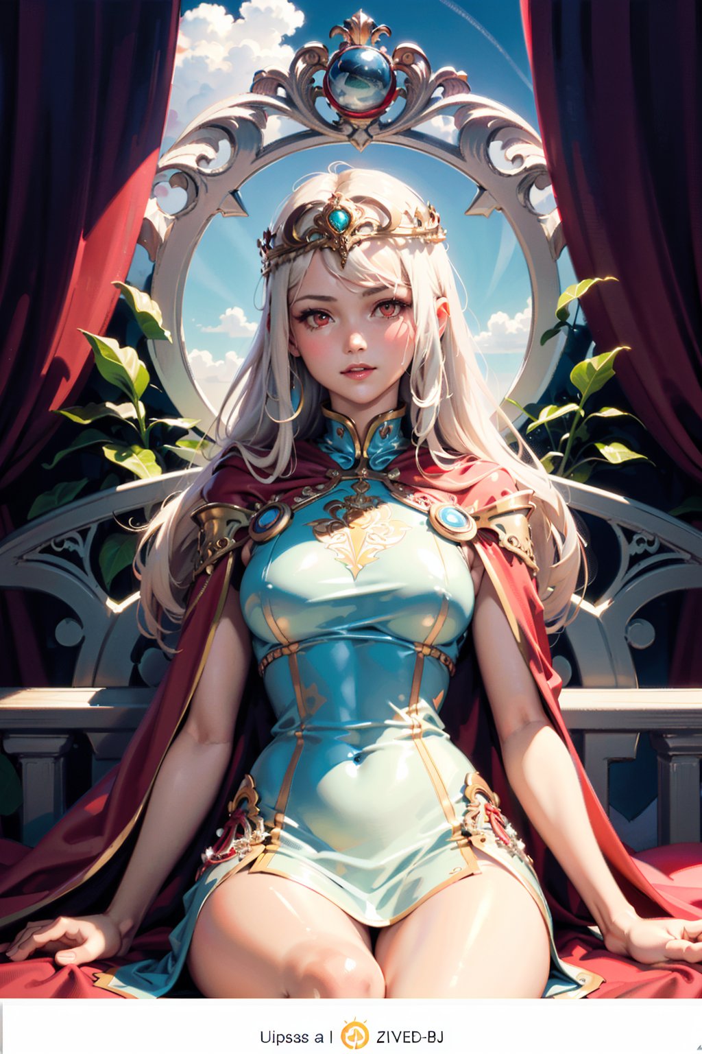 (masterpiece, best quality), 1girl, solo, (the empress:1.15), platinum blonde, long hair, (red cape), Curtain, white dress, queen dress, aurora, (sunshine, sky, river, forest), expressionless, red eyes, very long hair, (art nouveau:1.2), alphonse mucha, tiara, (face focus, upper body), sit, (red throne:1.12), tiara, crossing legs, highly intricate details, realistic light, smile