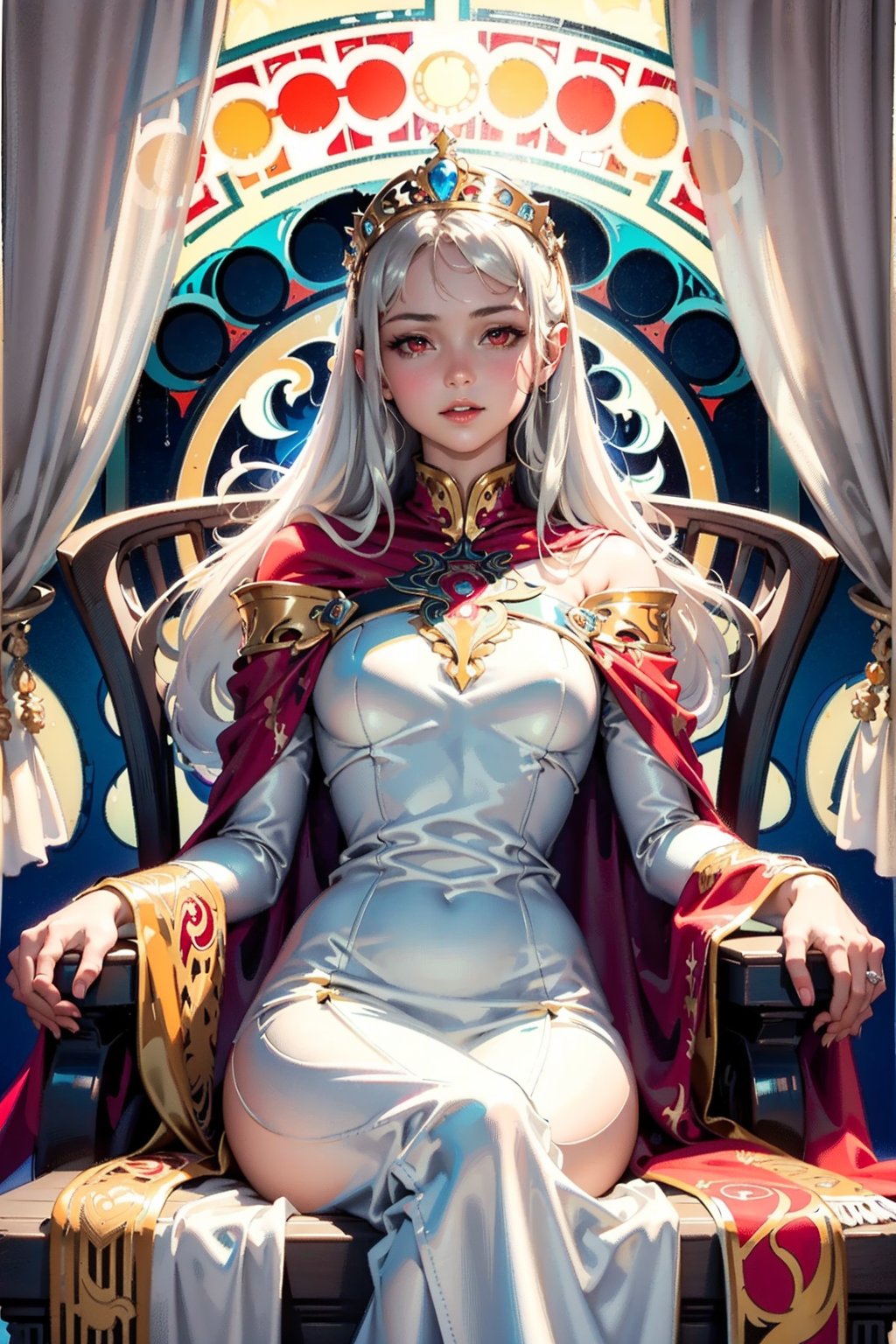 (masterpiece, best quality), 1girl, solo, (the empress:1.15), platinum blonde, long hair, (red cape), Curtain, white dress, queen dress, aurora, (sunshine, sky, river, forest), expressionless, red eyes, very long hair, (art nouveau:1.2), alphonse mucha, tiara, (face focus, upper body), sit, (red throne:1.12), tiara, crossing legs, highly intricate details, realistic light, smile