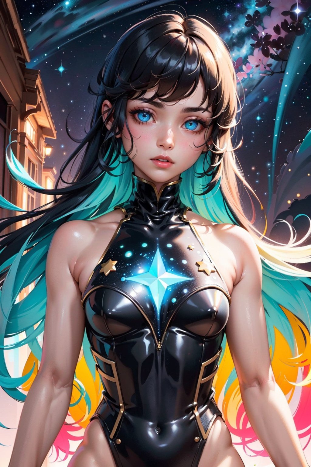 {{best quality}}, {{masterpiece}}, {{ultra-detailed}}, {illustration}, {detailed light}, {an extremely delicate and beautiful}, a girl, {beautiful detailed eyes}, stars in the eyes, messy floating hair, colored inner hair, Starry sky adorns hair, depth of field