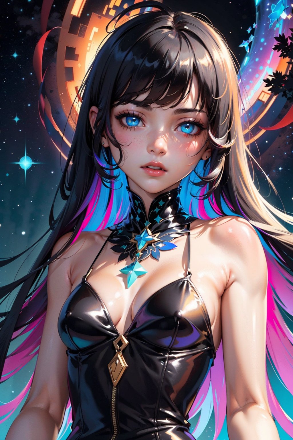 {{best quality}}, {{masterpiece}}, {{ultra-detailed}}, {illustration}, {detailed light}, {an extremely delicate and beautiful}, a girl, {beautiful detailed eyes}, stars in the eyes, messy floating hair, colored inner hair, Starry sky adorns hair, depth of field