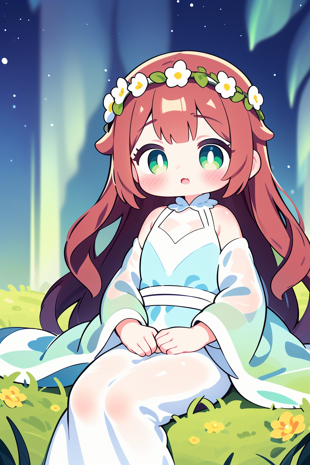 1girl, solo, sitting, digital painting, aurora borealis, starry sky, grassy field, serene expression, long flowing hair, auburn hair, loose waves, flower crown, green eyes, delicate features, flowing gown, ethereal colors, soft pastels, fantasy landscape, gentle breeze, hands resting on lap.