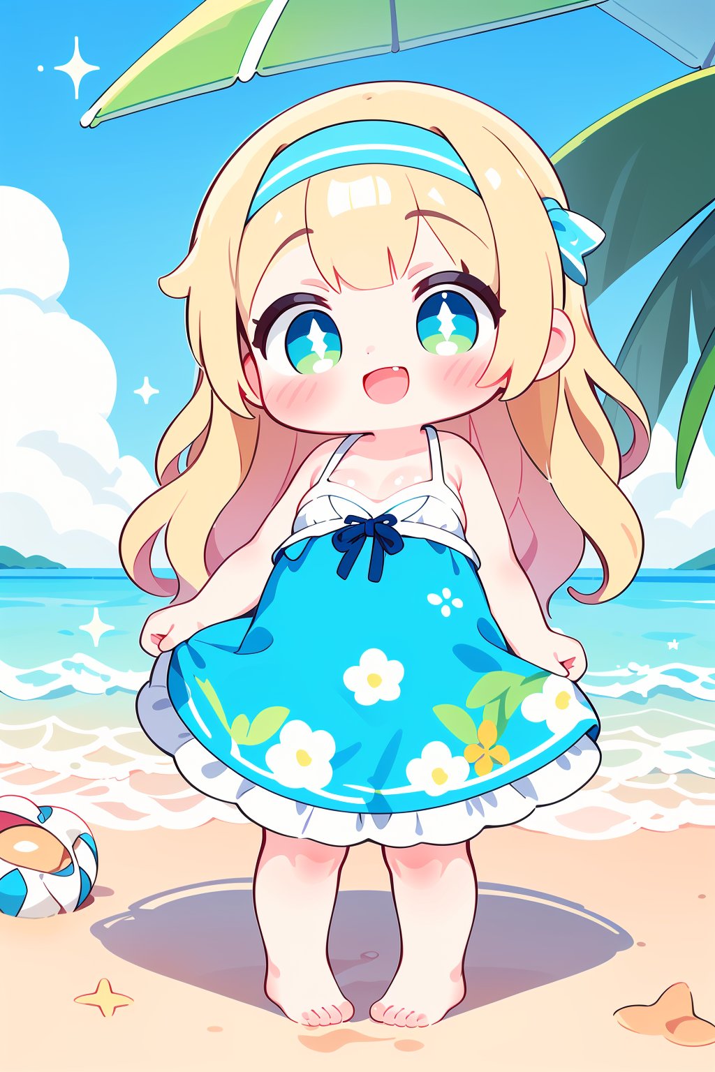 
1girl, solo, standing, bright sunlight, happy and carefree, digital painting style, long blonde hair, beach waves, no hair accessory, sparkling green eyes, beaming smile, average breast size, summer dress, floral print, barefoot, tropical beach background, palm trees, clear blue sky, beach umbrella, beach ball, seashells scattered in the sand.