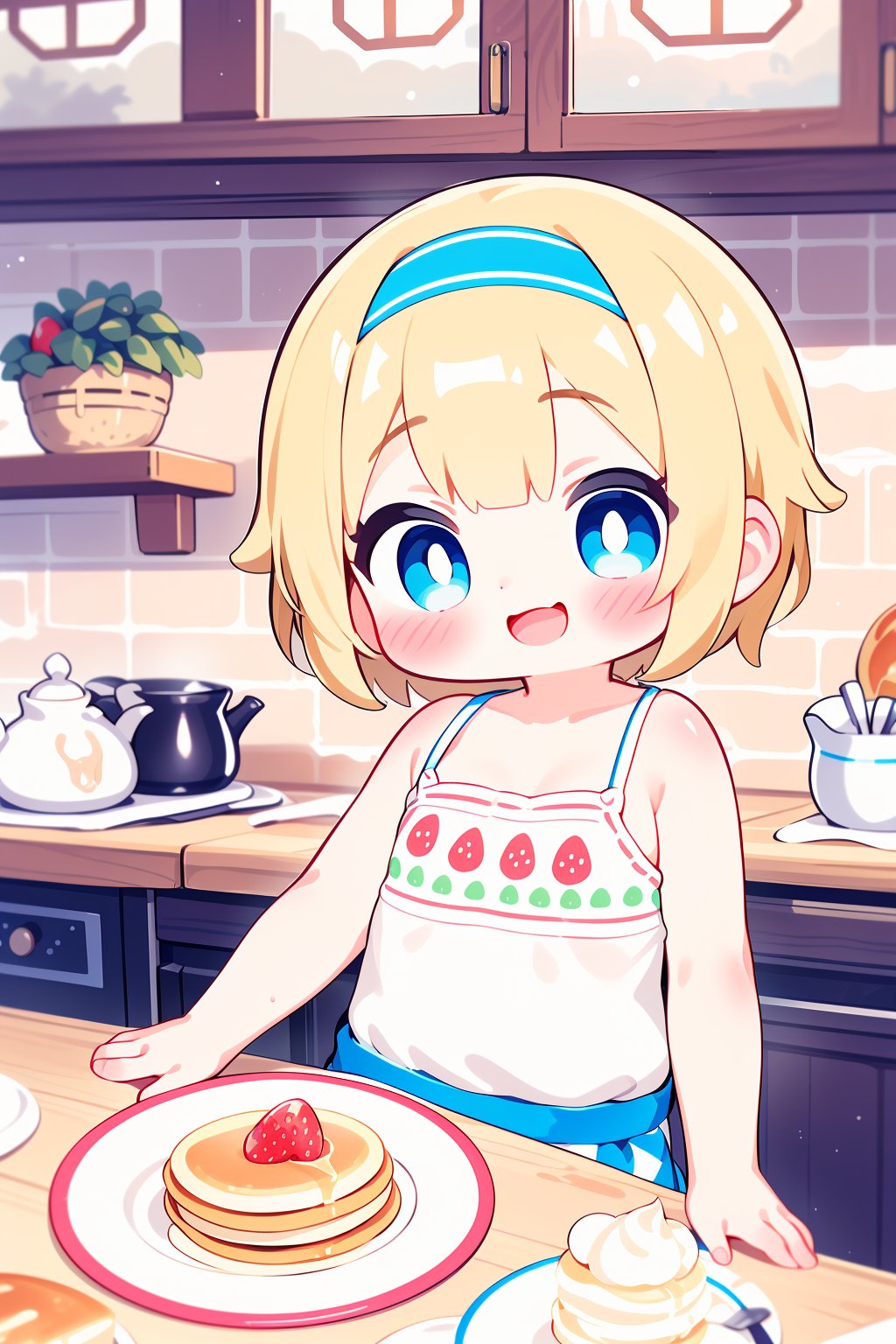 1girl, solo, sitting, watercolor, cute, strawberries, melted butter, fresh cream, real and delicious, blonde hair, shoulder-length, no hair accessory, blue eyes, round eye shape, smiling expression, flat chest , casual clothing with pancake patterns, background: kitchen with a warm and cozy atmosphere.