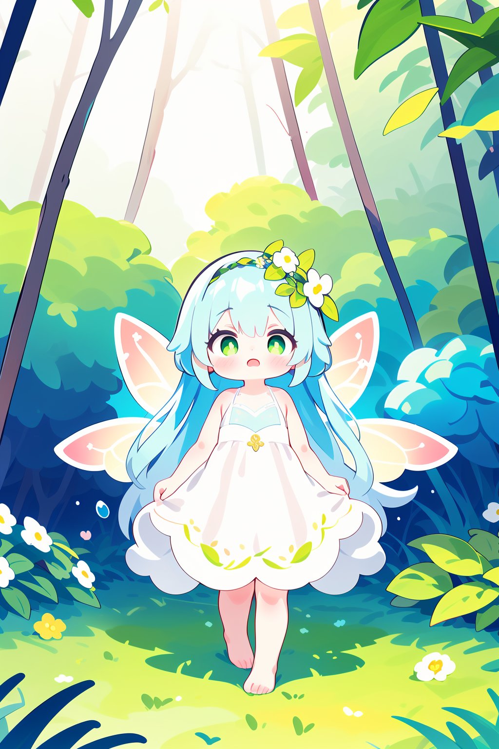 
1girl, solo, standing, ethereal, watercolor style, pastel colors, long flowing hair, forest, magical atmosphere, fairy wings, nature ornaments, green eyes, serene facial expression, floral crown, ankle-length gown, soft breeze, dappled sunlight, butterflies, enchanted forest background, mystical aura.