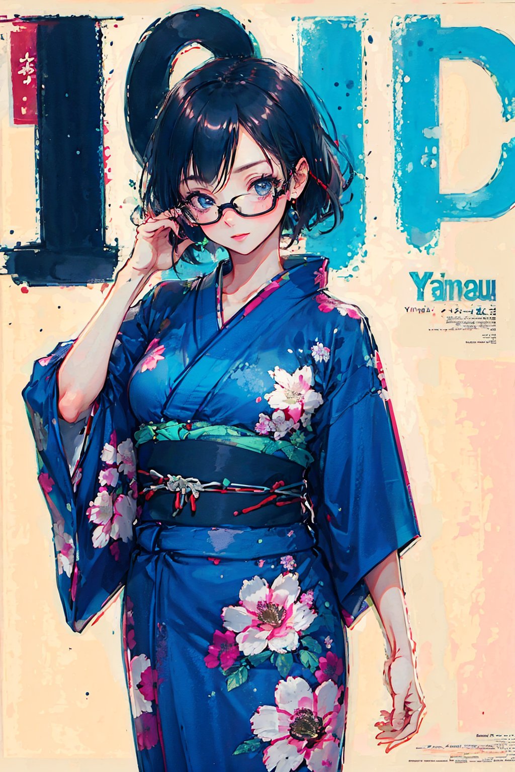  1girl, adjusting_eyewear,long_hair, white_background,, yinyou, yukata re