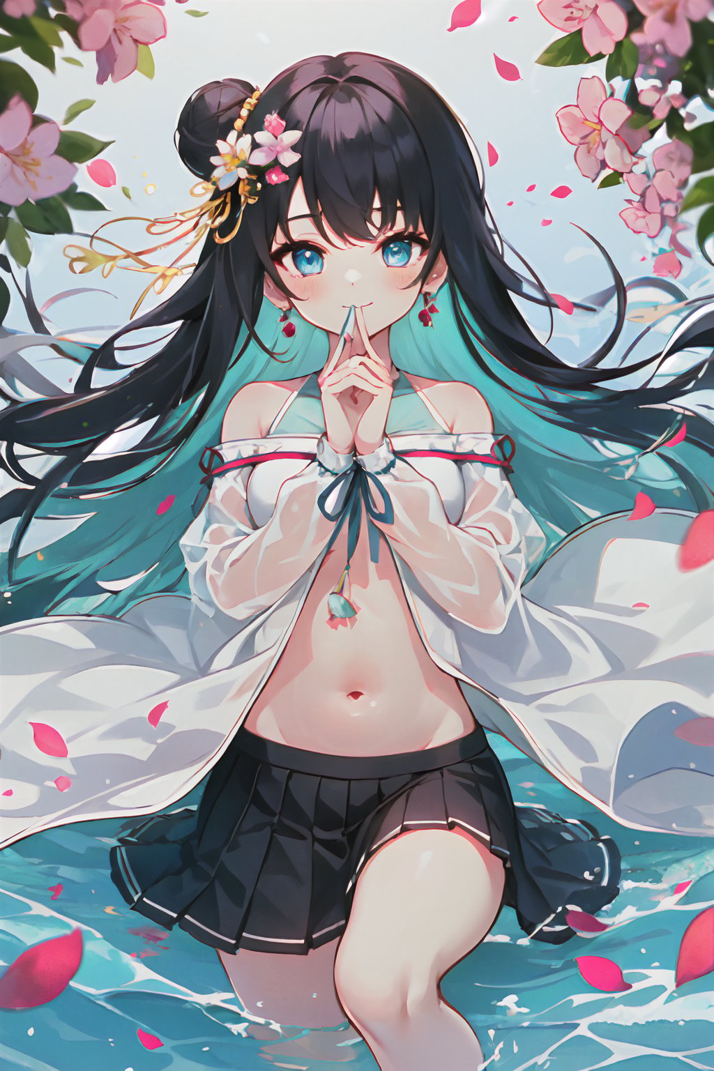 1girl, loli, fire, long_hair, jewelry, solo, navel, earrings, nail_polish, sunset, black_hair, sun, loli,Wearing a blue emerald smoked sweater, a pleated skirt with scattered flowers and mist and green grass, and a thin thin veil of light blue emerald water, the shoulders seem to be cut into a plain waist, and the skin looks like fat orchid.Fold your slender waist and take small steps, showing your bright wrists in light gauze.Her eyes are full of clear spring water, and a hollow gold hairpin is inserted diagonally into the bun on her head, dotted with purple jade, and tassels are sprinkled on her black hair.The fragrant and tender jade is more beautiful than flowers, the fingers are like peeled onions and the mouth is like vermilion, and every smile touches the heart and soul.Sleeping with spring water, her face is like gelatin, white jasmine smoke is soft gauze, white floor-length plum blossom skirt is flowing, and the body is tied with soft smoke.