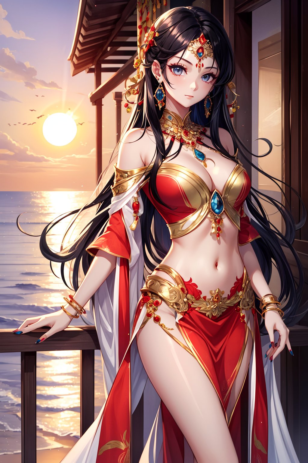 1girl, fire, long_hair, jewelry, solo, navel, earrings, nail_polish, sunset, black_hair, sun