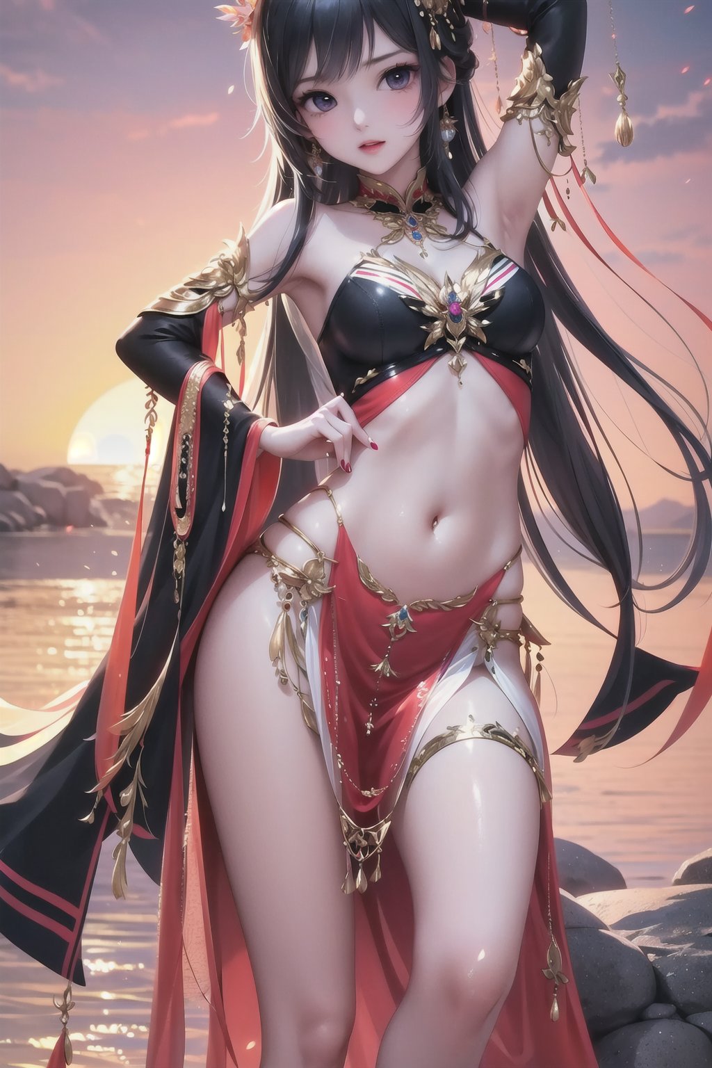 1girl, fire, long_hair, jewelry, solo, navel, earrings, nail_polish, sunset, black_hair, sun,loli