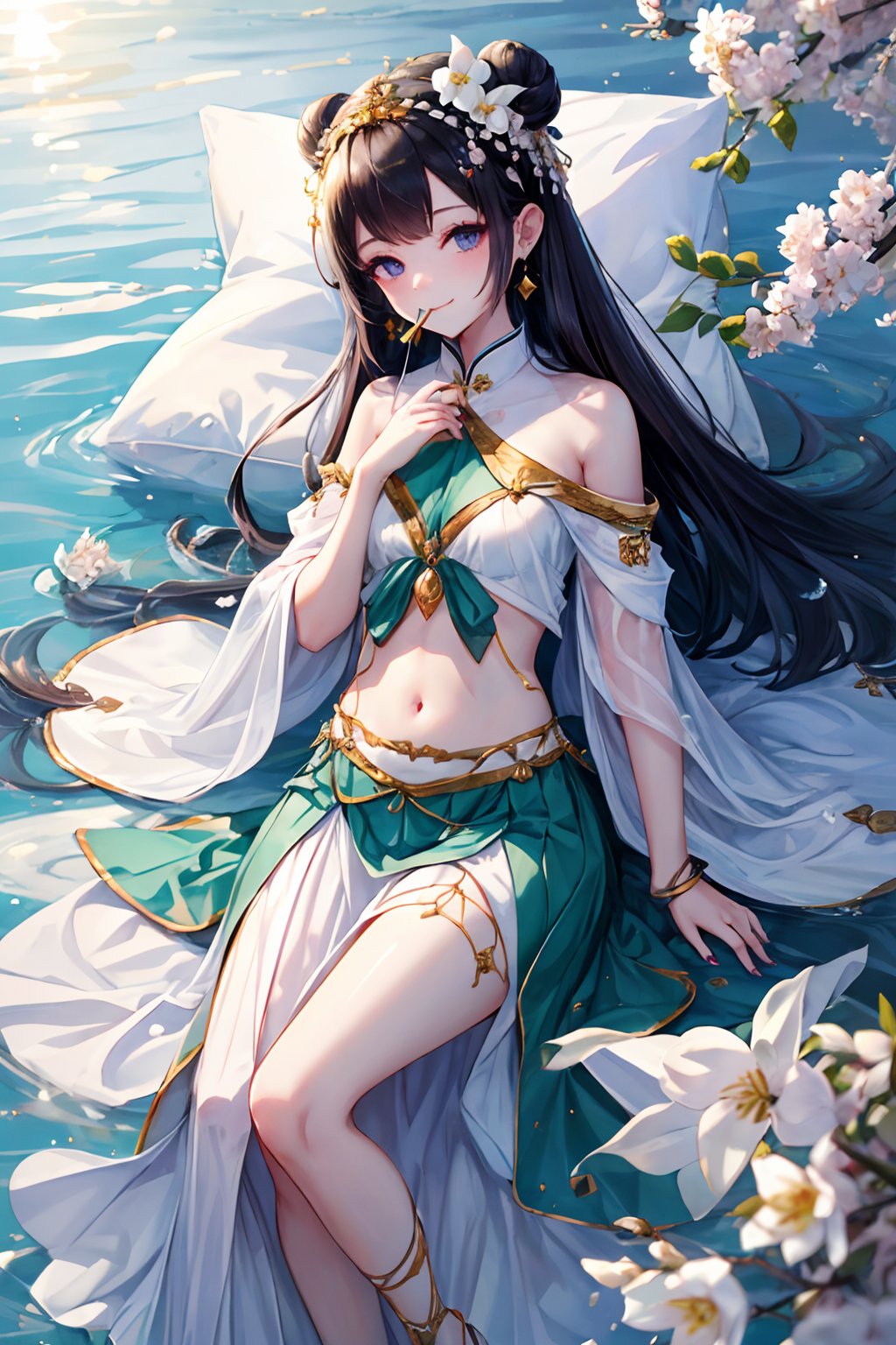 1girl, loli, fire, long_hair, jewelry, solo, navel, earrings, nail_polish, sunset, black_hair, sun, loli,Wearing a blue emerald smoked sweater, a pleated skirt with scattered flowers and mist and green grass, and a thin thin veil of light blue emerald water, the shoulders seem to be cut into a plain waist, and the skin looks like fat orchid.Fold your slender waist and take small steps, showing your bright wrists in light gauze.Her eyes are full of clear spring water, and a hollow gold hairpin is inserted diagonally into the bun on her head, dotted with purple jade, and tassels are sprinkled on her black hair.The fragrant and tender jade is more beautiful than flowers, the fingers are like peeled onions and the mouth is like vermilion, and every smile touches the heart and soul.Sleeping with spring water, her face is like gelatin, white jasmine smoke is soft gauze, white floor-length plum blossom skirt is flowing, and the body is tied with soft smoke.