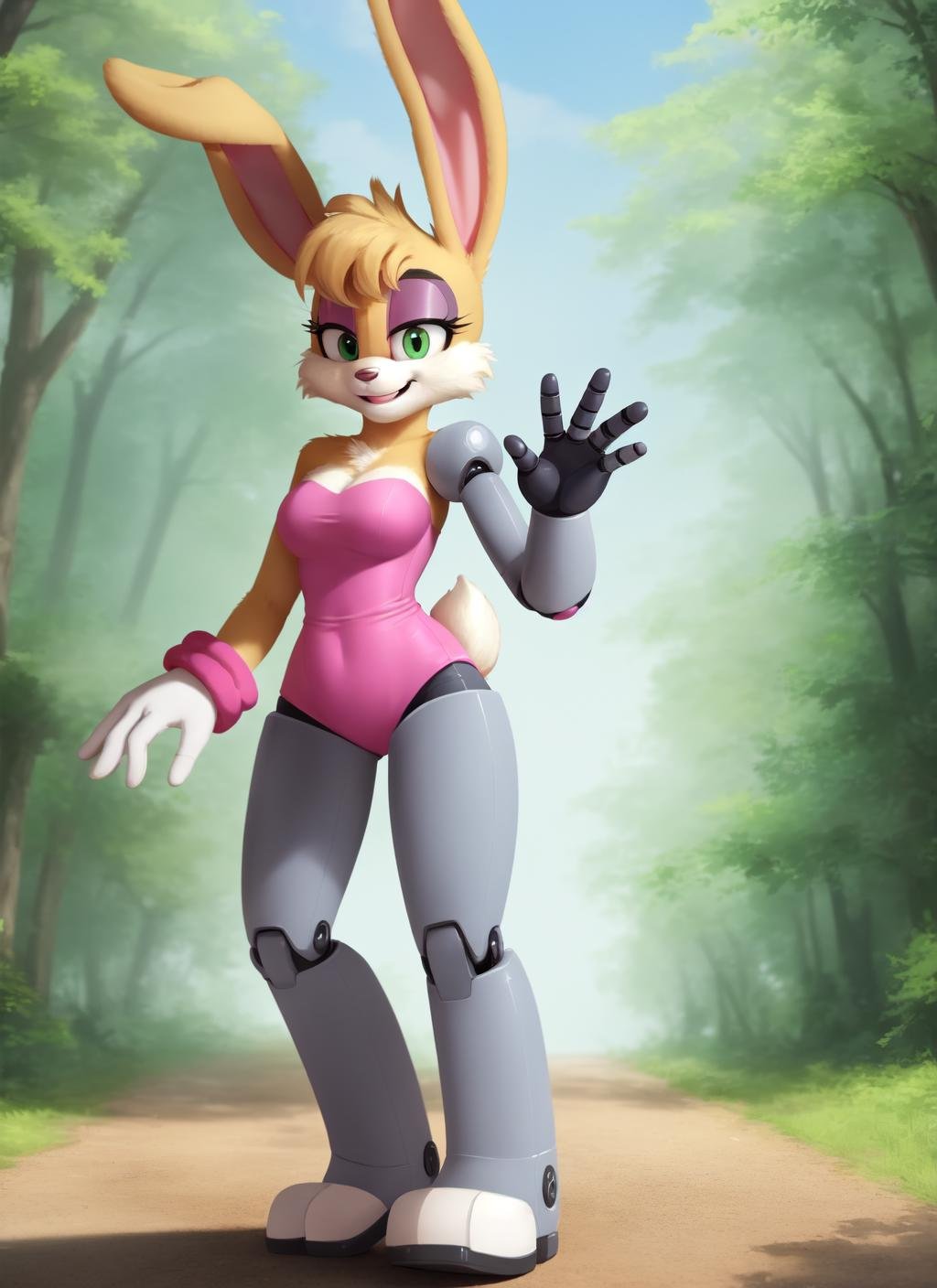 bunnierabbot, furry female anthro, rabbit girl, cyborg, pink strapless leotard, standing, full body, solo, (body fur:1.2), (best quality), (nature background:1.2), medium breasts, diffuse lighting, (detailed fluffy fur:1.1), smile, hand gesture,  (white gloves:0.9), <lora:bunnierabbot-v1-locon:1>