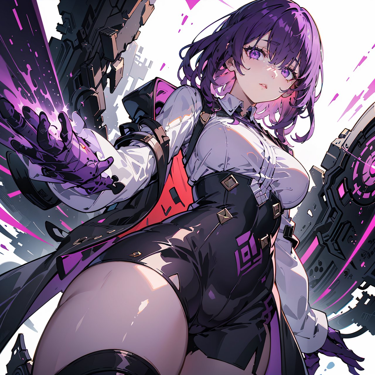 illustration, masterpiece, best quality, extremely detailed, wallpaper,
8k, mysterious, vivid color, shiny, best quality, intricate, good anatomy, beautiful lighting,

HUBG_KAFKA, 21yo girl, solo, white background,
purple eyes, purple hair, purple skirt, 
Dynamic angle, purple theme, particle effects, 

wide shot, from below, volumetric lighting, detailed eyes, , HUBG_KAFKA