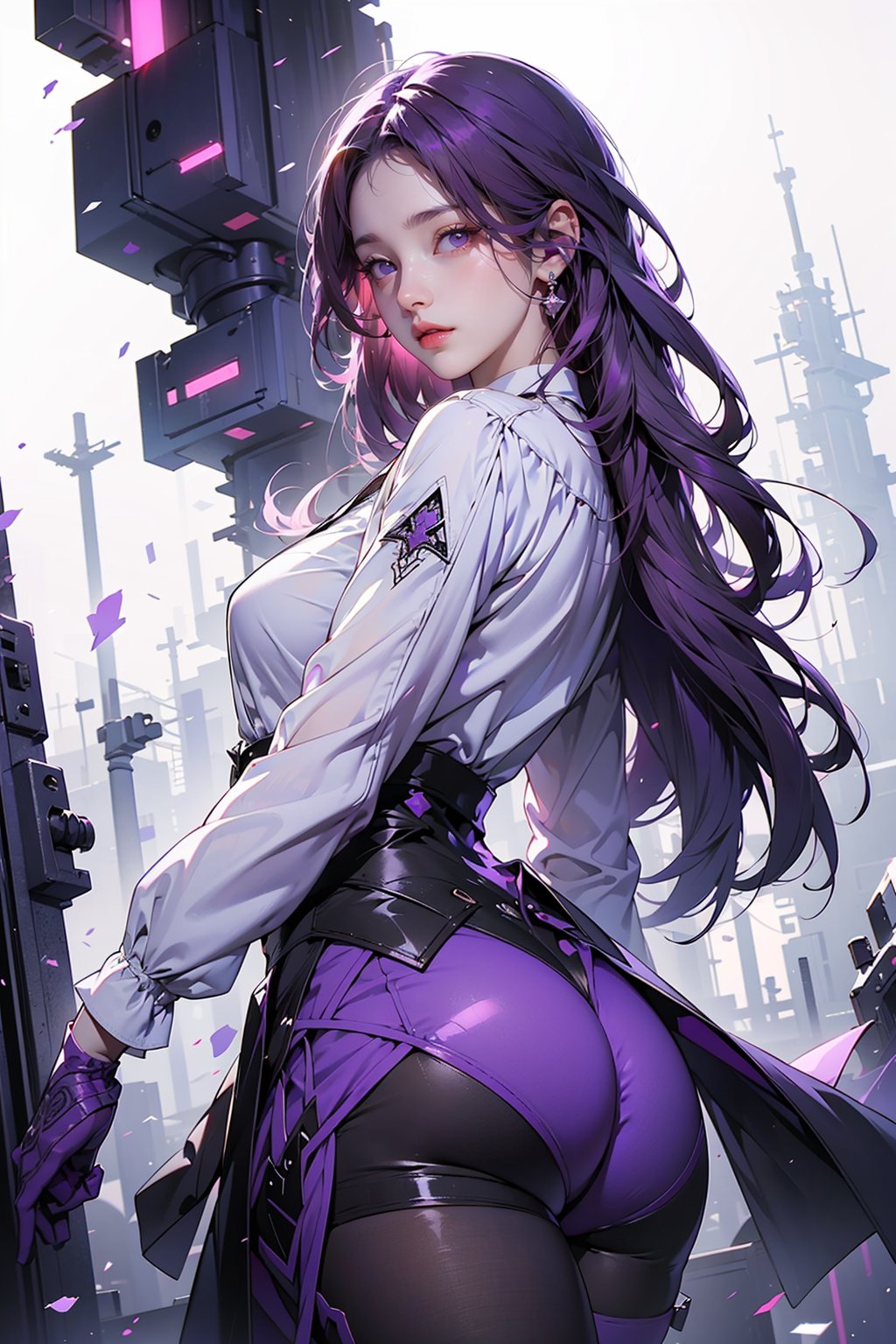  illustration, masterpiece, best quality, extremely detailed, wallpaper,
8k, mysterious, vivid color, shiny, best quality, intricate, good anatomy, beautiful lighting,

HUBG_KAFKA, 21yo girl, solo, white background,
purple eyes, purple hair, purple skirt, 
Dynamic angle, purple theme, particle effects, 

wide shot, from below, volumetric lighting, detailed eyes, , HUBG_KAFKA