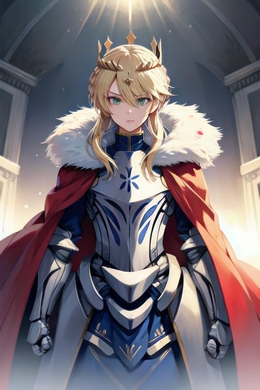 <lora:Artoria_Lancer_FGO:0.8>  ((masterpiece)), ((best quality)), (ultra-detailed), absurdres, extremely detailed CG unity 8k wallpaper, Official Art, Accurate describe shapes, detailed hands, expressive eyes, close-up, solo, (castle, scenery, dramatic lighting, illustration:1.1), (standing, rhongomyniad, serious:1.2), (1girl, mature female, artoria lancer, french braid, blonde hair, green eyes:1.4), (breastplate, full armor, red cape, fur trim, gauntlets, crown, waist fauld:1.3), , ((masterpiece)), absurdres, HDR,,  <lora:GoodHands-beta2:1.0>