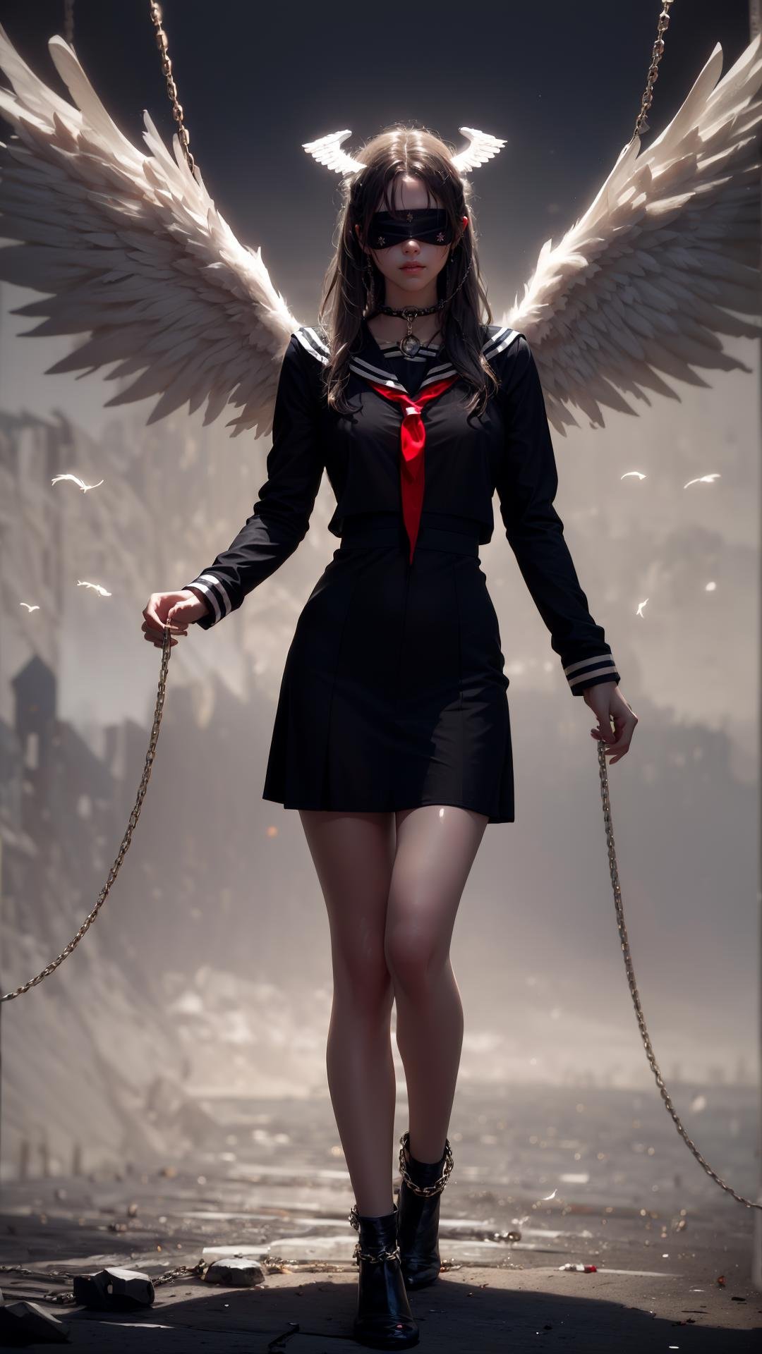 Epic CG masterpiece, a woman dressed in an angelic outfit in chains, delicate face, hdr,dtm, full ha,8K, ultra detailed graphic tension, dynamic poses, stunning colors, 3D rendering, surrealism, cinematic lighting effects, realism, 00 renderer, super realistic, full - body photos, super vista, super wide Angle, rich details, highest quality, extremely exquisite, Black background1girl, chain, wings, solo, blindfold,  jewelry, veil, choker, ring, own hands together, angel wings, feathered wings, ((covered eyes)),tutututu,black school uniform,black serafuku, sailor collar,black miniskirt, long sleeves,   <lora:tutussf_0006:0.8> <lora:Angel_20231023144902:0.35>