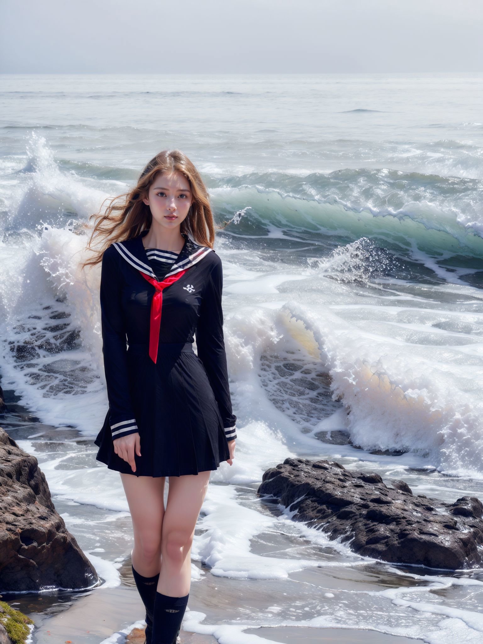 1girl,sea,wave,rock,on the cliff,tutututu,black school uniform,black serafuku, sailor collar,miniskirt, long sleeves,  <lora:tutussf_0006:0.85>  <lora:wlqc_20230929090357:0.6> 