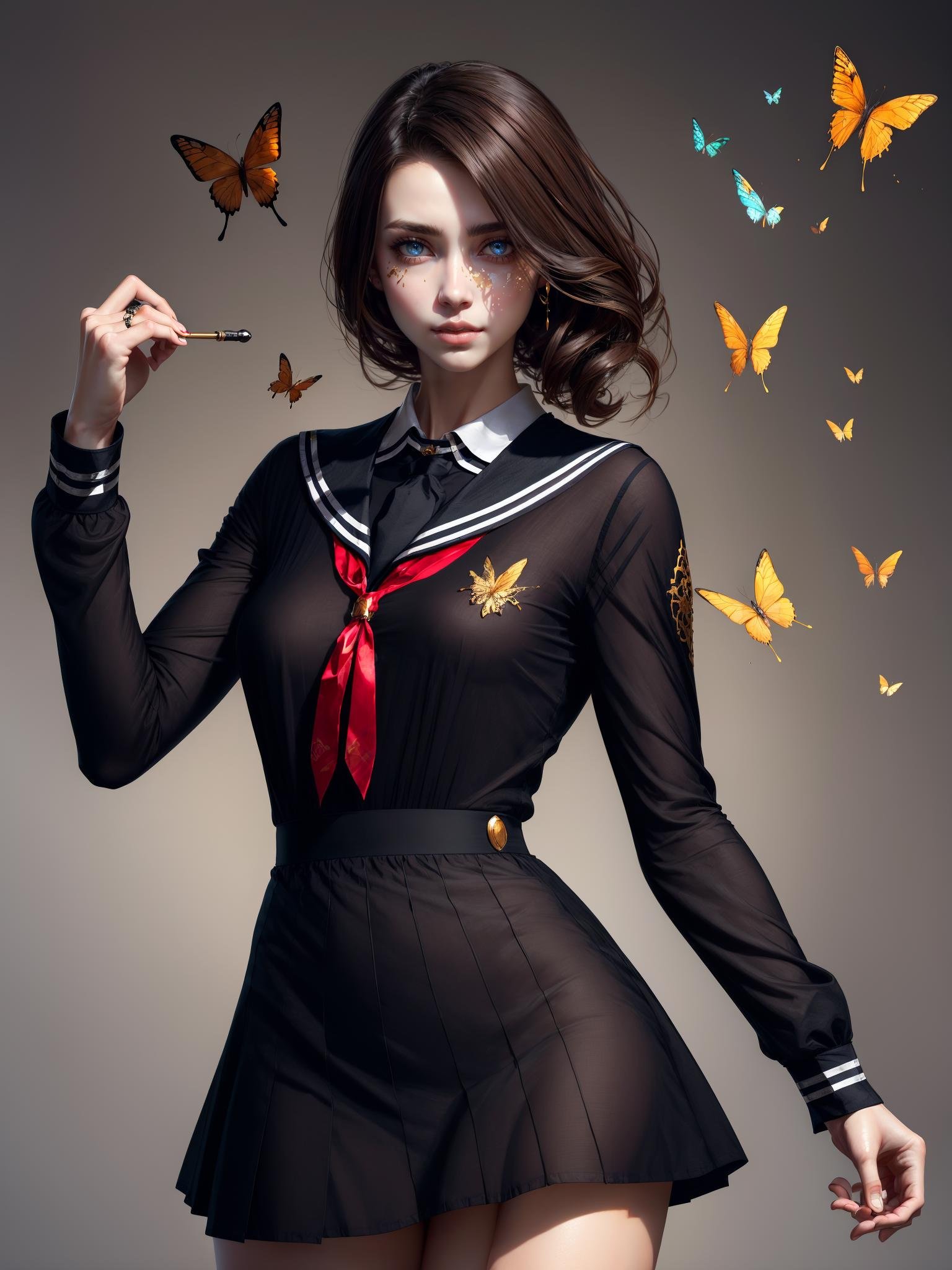 8k portrait of beautiful cyborg with brown hair, intricate, elegant, highly detailed, majestic, digital photography, art by artgerm and ruan jia and greg rutkowski surreal painting gold butterfly filigree, broken glass, (masterpiece, sidelighting, finely detailed beautiful eyes: 1.2), hdr, tutututu,black school uniform,black serafuku, sailor collar,miniskirt, long sleeves,  <lora:tutussf_0006:0.65>  <lora:add_detail:0.2>