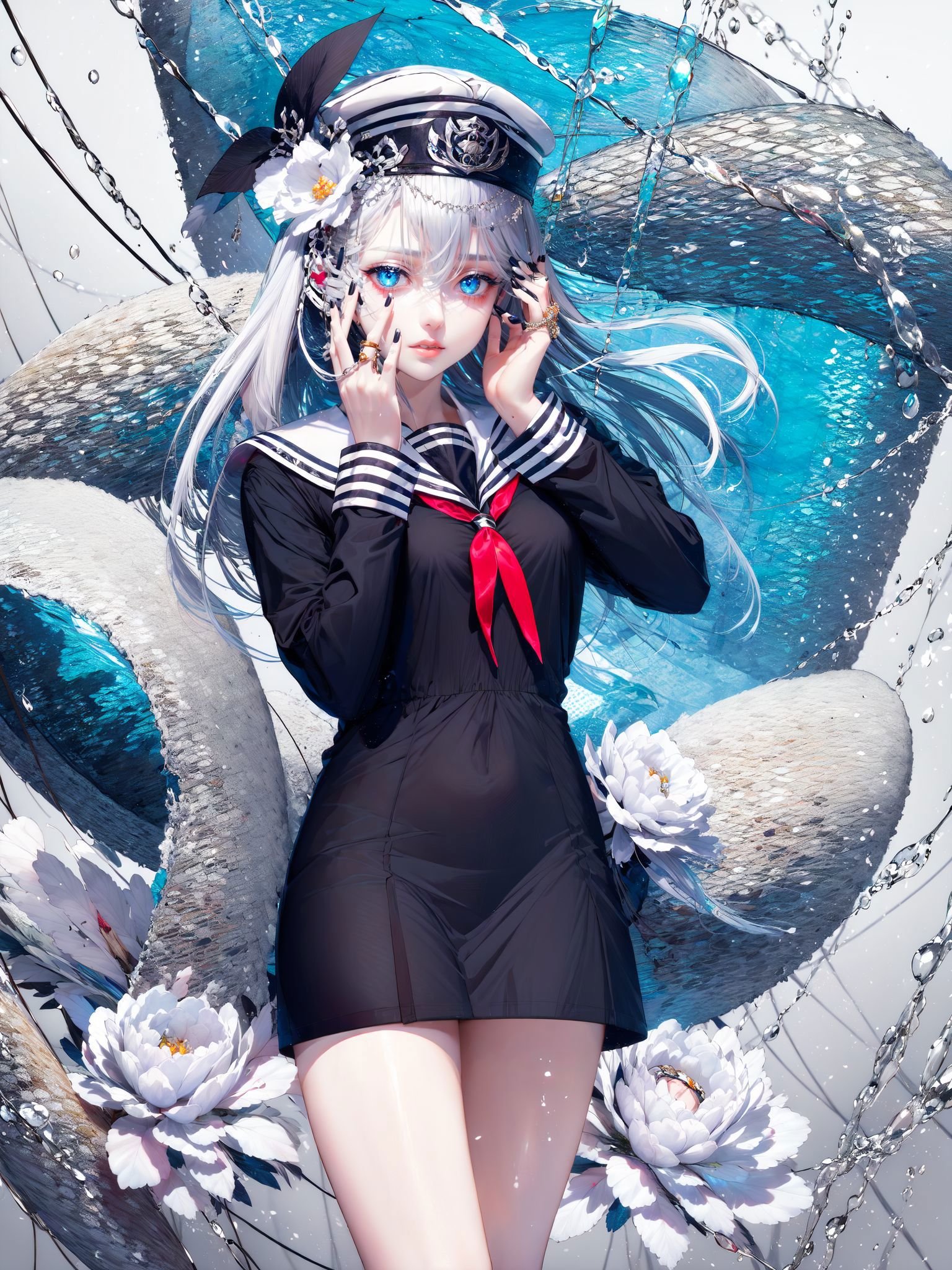 -1girl, blue eyes, solo, long hair, blue nails, looking at viewer, white hair, flower, jewelry, floating hair, nail polish, ring, hat, hair ornament, bare shoulders, breasts, white nails, bangs, hair between eyes, hands on own face,White hell,tutututu,black school uniform,black serafuku, sailor collar,BLACK miniskirt, long sleeves,  <lora:tutussf_0006:0.9>  <lora:add_detail:0.2>  <lora:White hell:0.6>