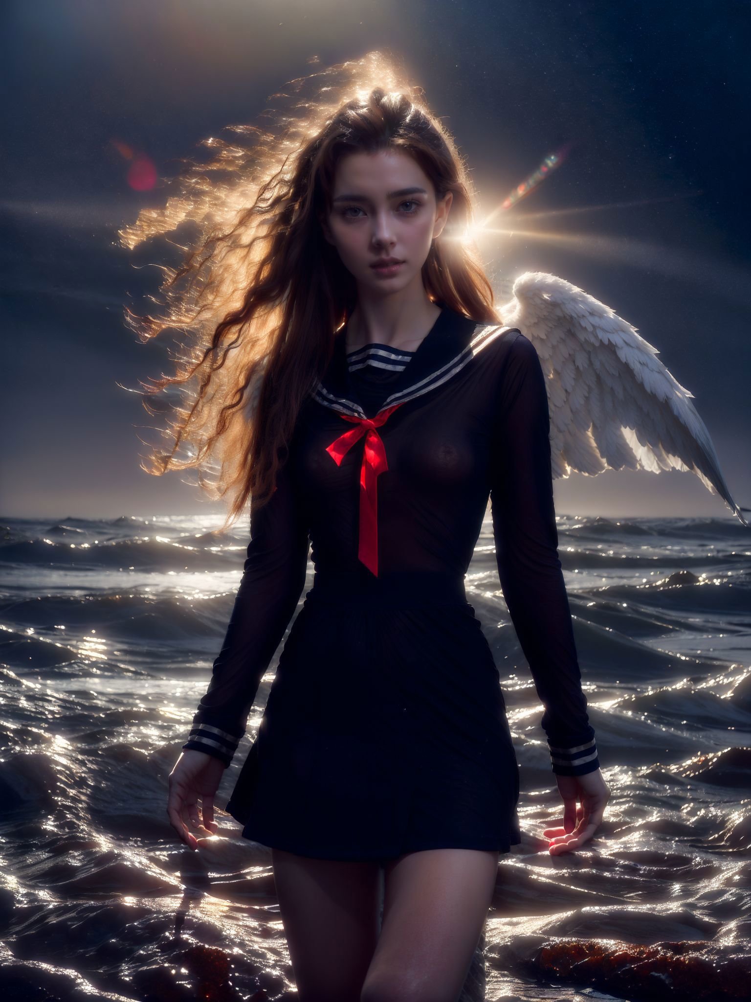 Award-winning work, beautiful angel, light through angel wings, facing the lens, strong light and dark contrast, dramatic lighting, dark tone photos, movie tone, horror atmosphere, high definition, 8k, Sony movie machine shooting，dark，tutututu,black school uniform,black serafuku, sailor collar,miniskirt, long sleeves,  <lora:tutussf_0006:0.85>  <lora:wlqc_20230929090357:0.6> 