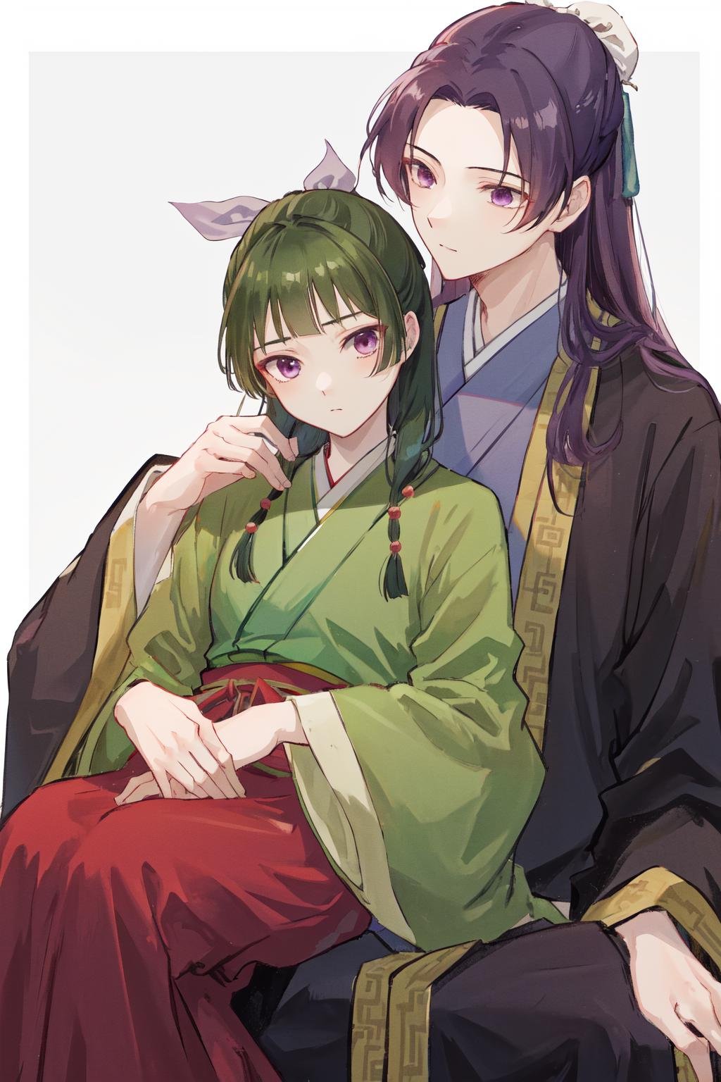 masterpiece, best quality, highres, 1boy jinshi, black robe hanfu, 1girl maomao, hair ribbon green chinese clothes red skirt <lora:jinmao_2:1> sitting on lap, hug from behind