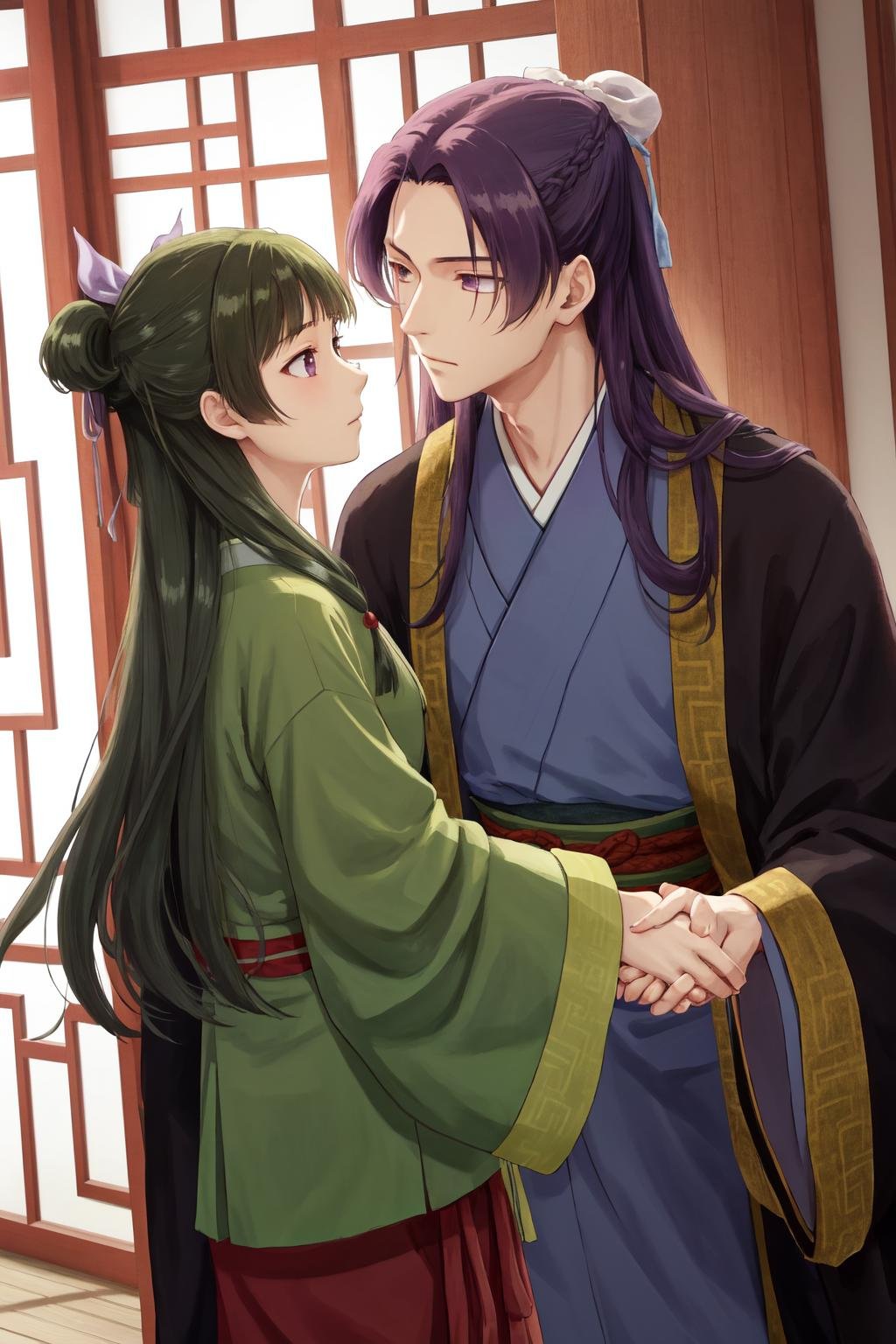 masterpiece, best quality, highres, 1boy jinshi, black robe hanfu, 1girl maomao, hair ribbon green chinese clothes red skirt <lora:jinmao_2:1> holding hands, face-to-face