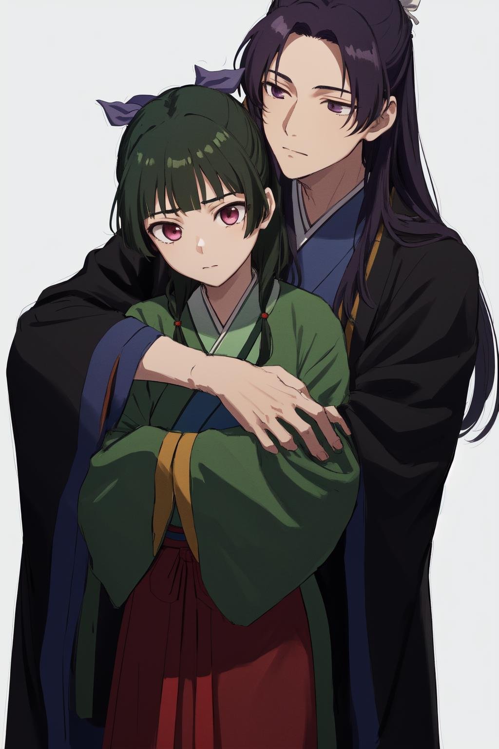 masterpiece, best quality, highres, 1boy jinshi, black robe hanfu, 1girl maomao, hair ribbon green chinese clothes red skirt <lora:jinmao_2:1> hug from behind