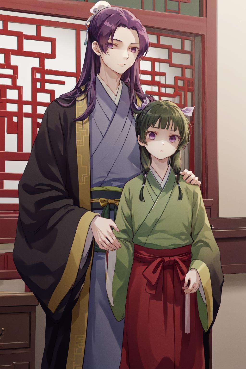 masterpiece, best quality, highres, 1boy jinshi, black robe hanfu, 1girl maomao, hair ribbon green chinese clothes red skirt <lora:jinmao_2:1> height difference <lora:shaded_face2_pruned_0:0.8> shaded face