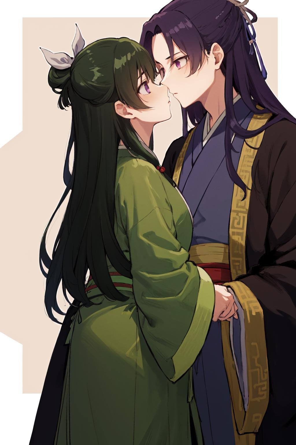 masterpiece, best quality, highres, 1boy jinshi, black robe hanfu, 1girl maomao, hair ribbon green chinese clothes red skirt <lora:jinmao_2:1> face-to-face, [kiss::0.3]