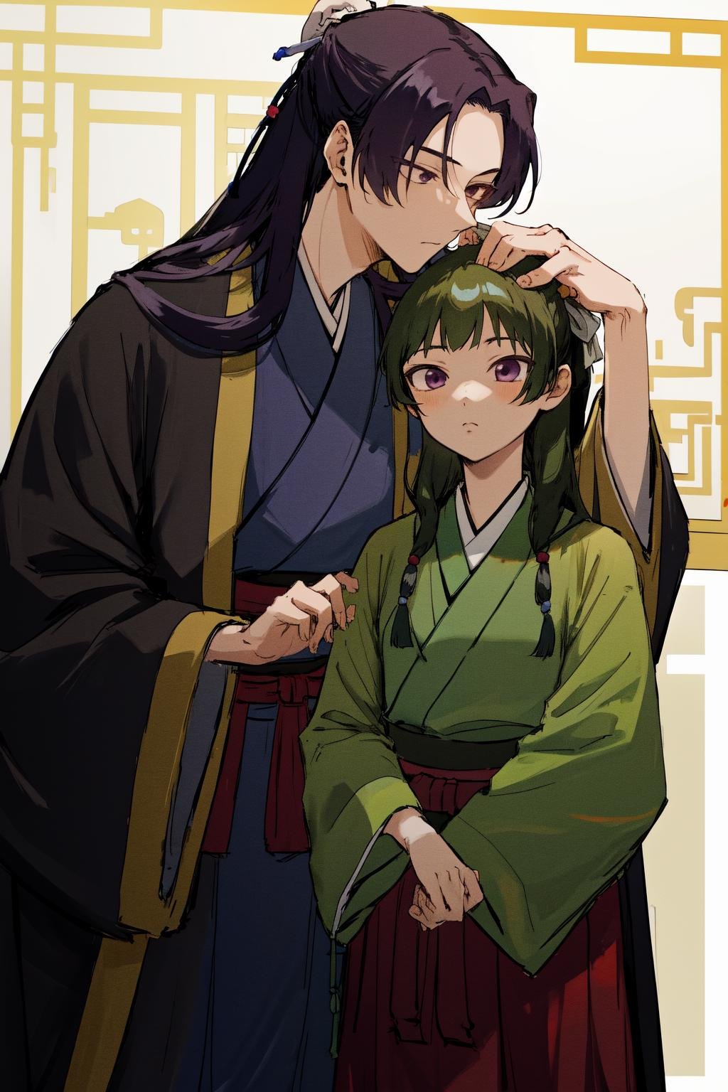 masterpiece, best quality, highres, 1boy jinshi, black robe hanfu, 1girl maomao, hair ribbon green chinese clothes red skirt <lora:jinmao_2:1> hand on another's head