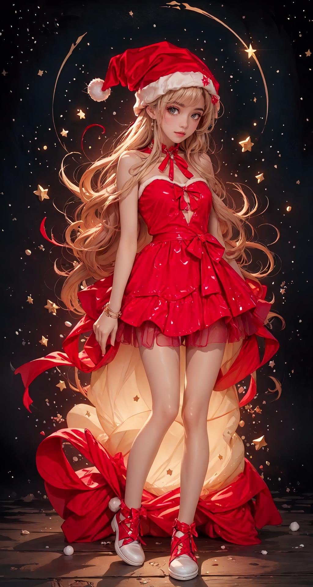 1girl, full body, artist name, gem, glowing, jewelry, long hair, looking at viewer, magic, (christmas hat), artist name, aurora, choker, constellation, embers, light particles, tutututu,  hand101,<lora:EMS-204855-EMS:0.800000>