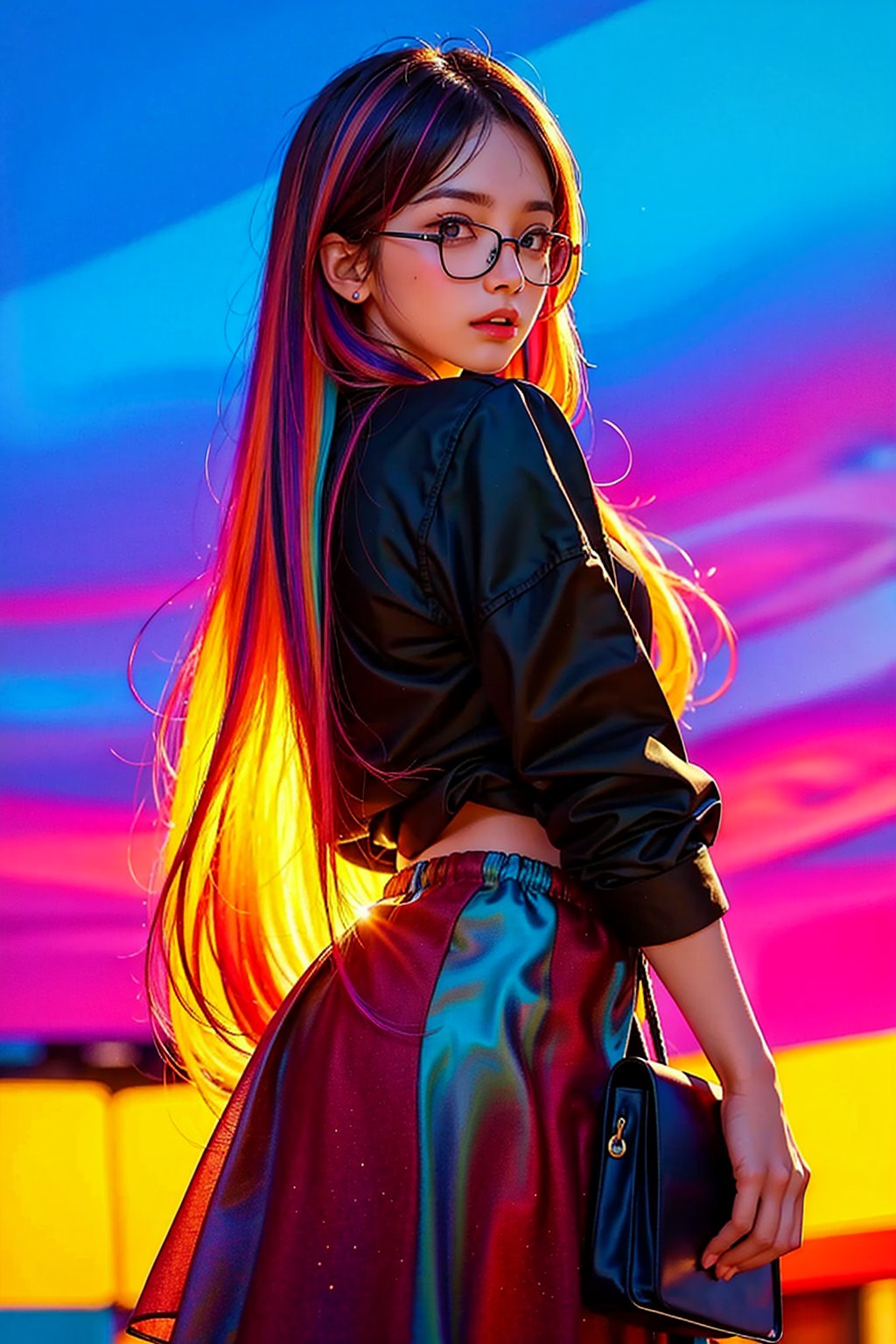  1girl, eyewear,long_hair, looking at viewer,cowboy shot, liuti,colorful hair,