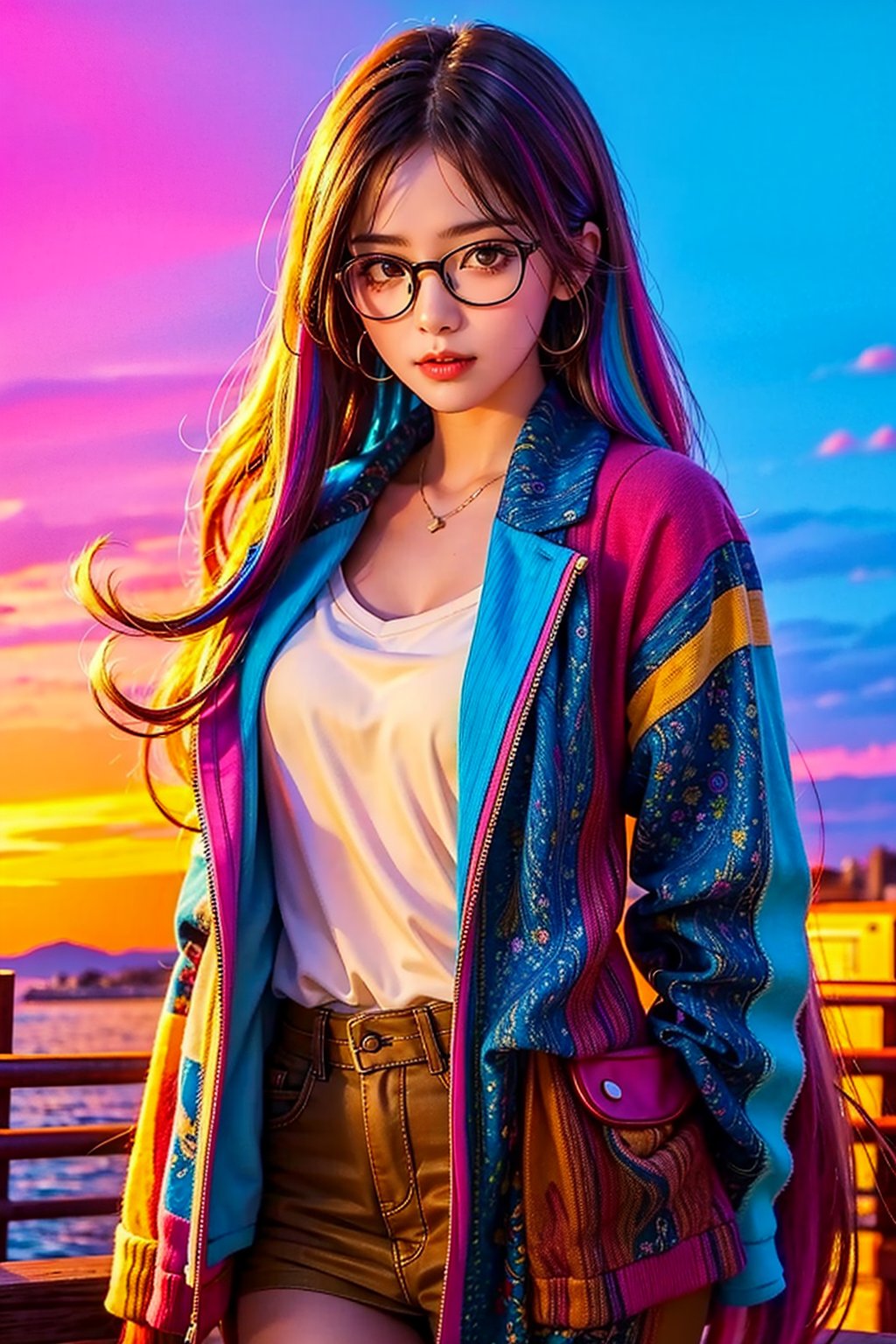  1girl, eyewear,long_hair, looking at viewer,cowboy shot, liuti,colorful hair,