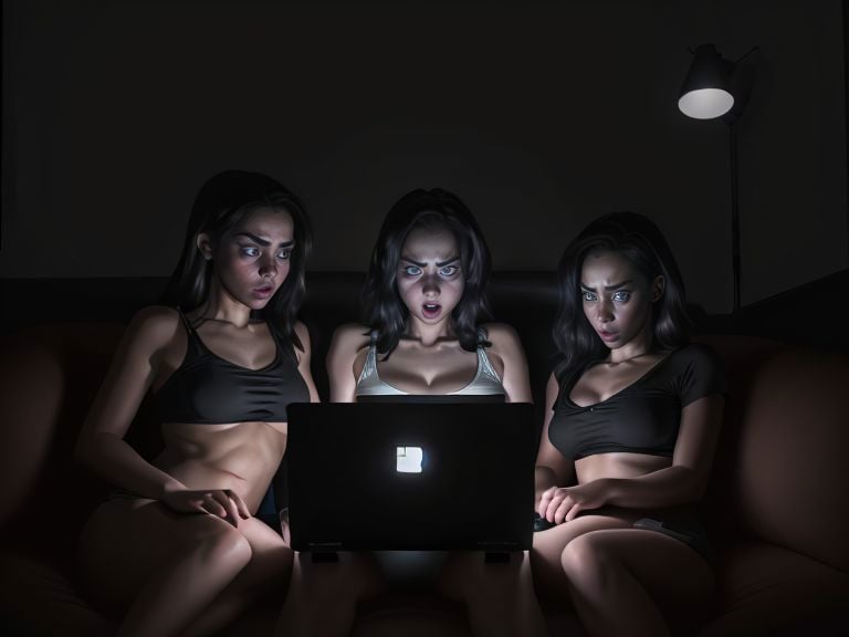 3girls, 4k, UHD, absurdres, StareWare, women looking at screen, laptop computer  , sitting on sofa,  dark room, lit by screen, ((gooning)), hypnotized, <lora:StareWare:0.7> 