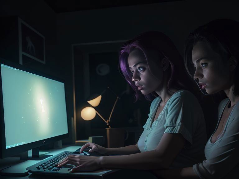 2 women, 4k, UHD, absurdres, StareWare, looking at screen, desktop computer, dark room, lit by screen, soft glow, (gooning) <lora:StareWare:0.7>