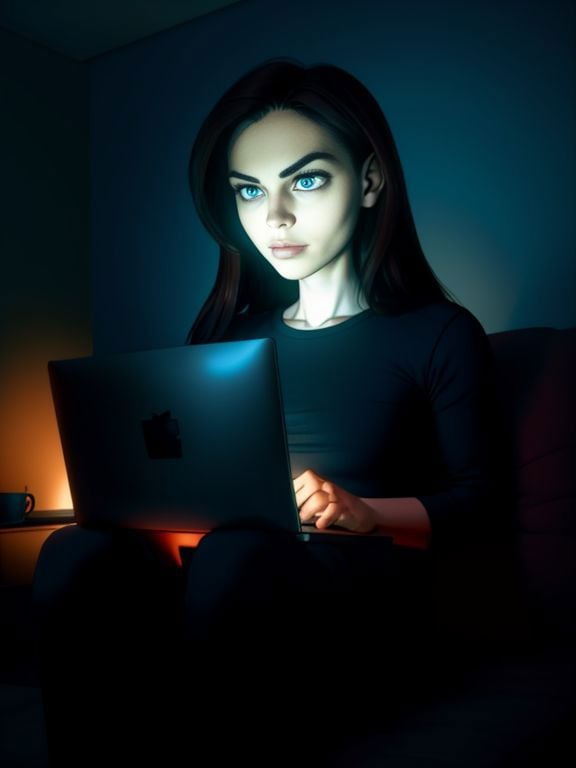 1 woman, sitting on sofa, legs apart, gooning, dark room, lit by screen, laptop computer, coffee table, slack jaw,, Stareware,  <lora:StareWare:0.7>