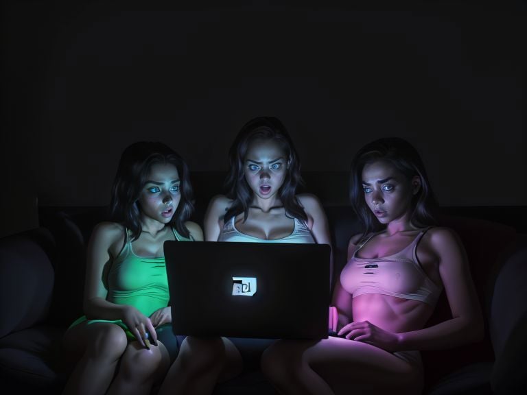 3girls, 4k, UHD, absurdres, StareWare, women looking at screen, laptop computer  , sitting on sofa,  dark room, lit by screen, ((gooning)), hypnotized, <lora:StareWare:0.7> 