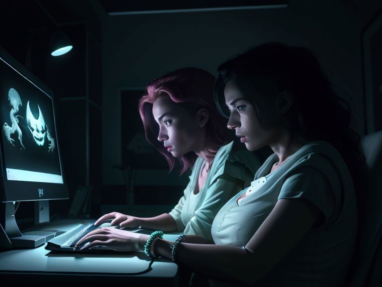 2 women, 4k, UHD, absurdres, StareWare, looking at screen, desktop computer, dark room, lit by screen, soft glow, (gooning) <lora:StareWare:0.7>