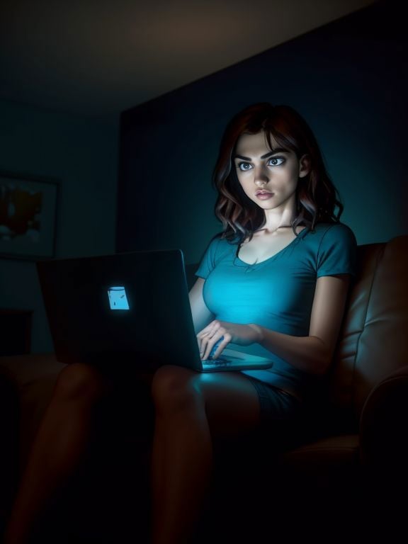 1 woman, sitting on sofa, legs apart, gooning, dark room, lit by screen, laptop computer, coffee table, slack jaw,, Stareware,  <lora:StareWare:0.7>