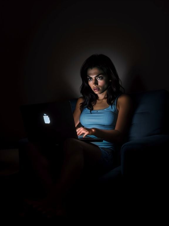 1 woman, sitting on sofa, legs apart, gooning, dark room, lit by screen, laptop computer, coffee table, slack jaw,, Stareware,  <lora:StareWare:0.7>