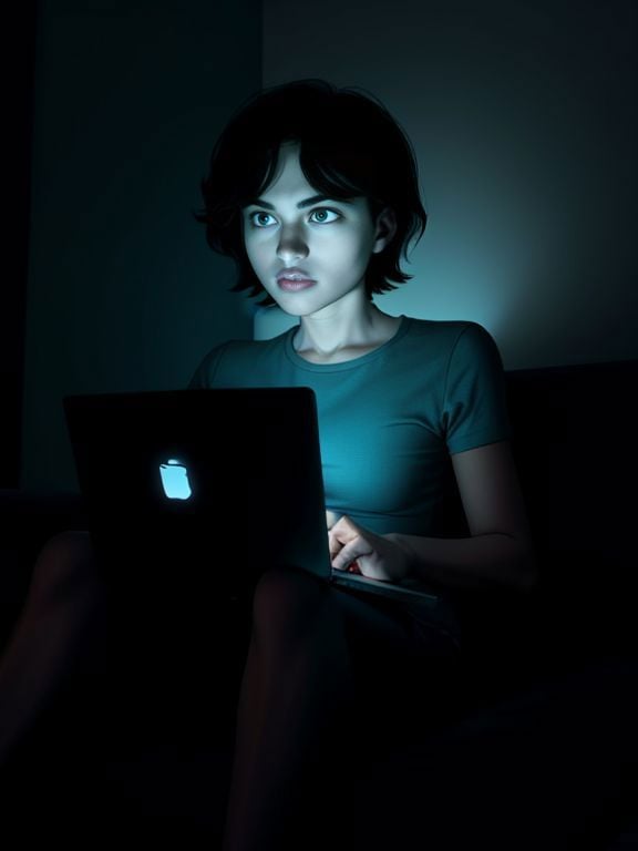 1 woman, sitting on sofa, legs apart, gooning, dark room, lit by screen, laptop computer, coffee table, slack jaw,, Stareware,  <lora:StareWare:0.7>