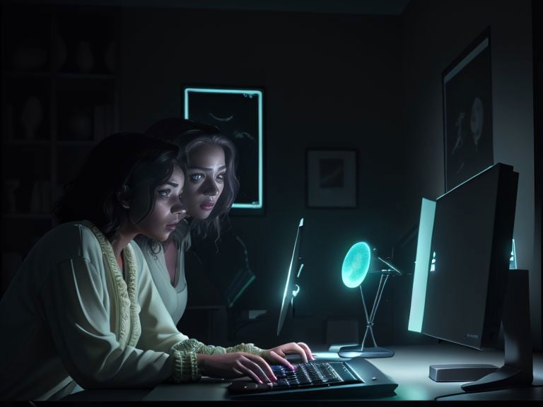 2 women, 4k, UHD, absurdres, StareWare, looking at screen, desktop computer, dark room, lit by screen, soft glow, (gooning), sprial on screen,  <lora:StareWare:0.7>