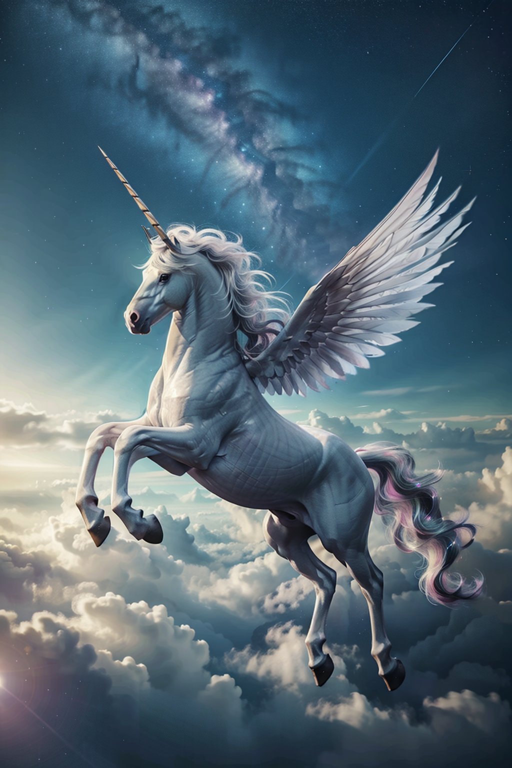 <lora:unicorns_V10:0.8>,tall steed,unicorn,1girl,cloud,unicorn,black hair,riding a unicorn,flying,a unicorn with white feather wings,raise forelimb,starry_sky,