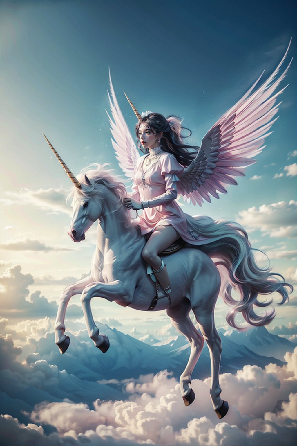 <lora:unicorns_V10:0.7>,unicorn,1girl,cloud,unicorn,long hair,sky,black hair,hair ornament,pink sky,earrings,jewelry,dress,day,cloudy sky,lips,riding a unicorn,flying,a unicorn with white feather wings,raise forelimb,tall steed,