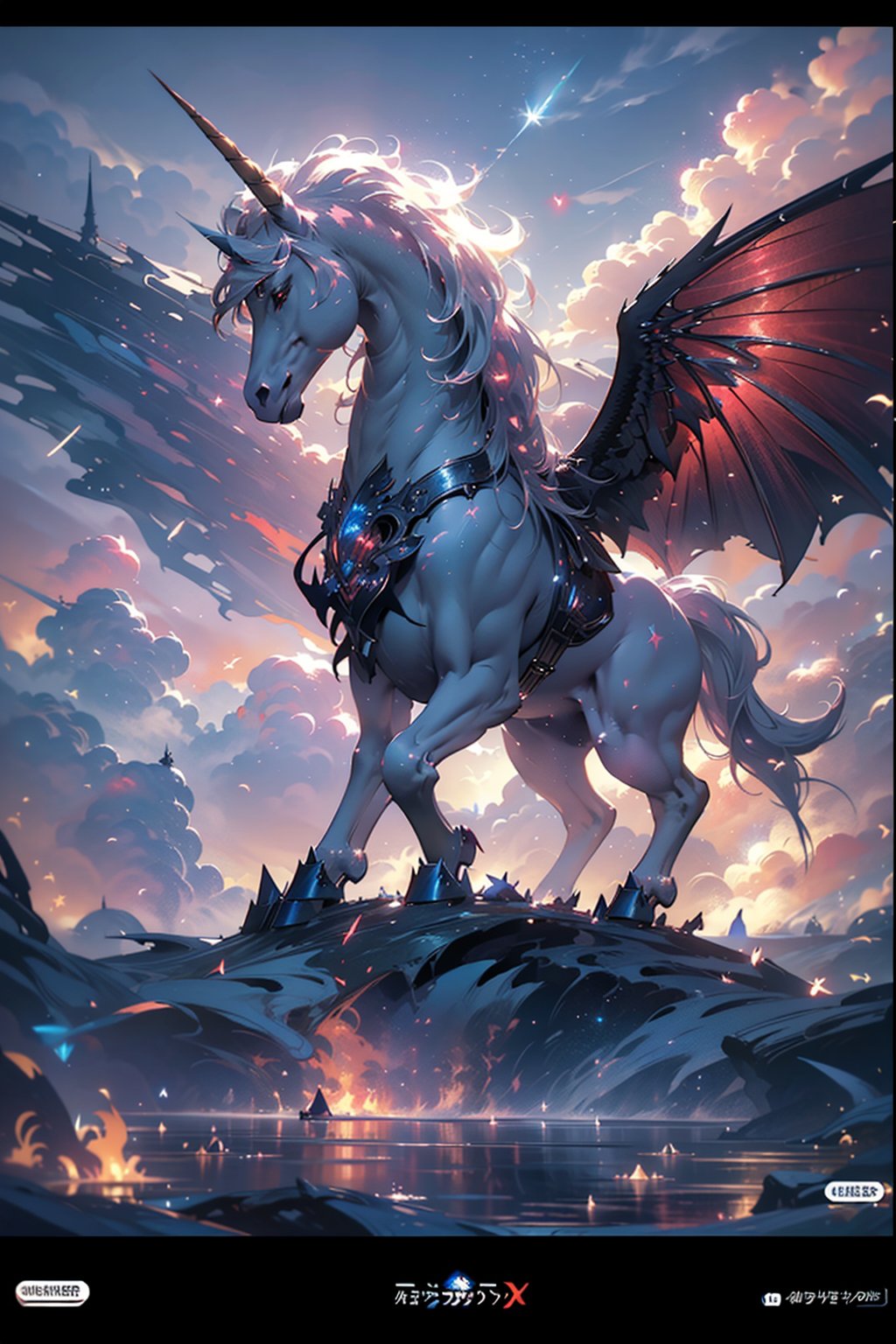 unicorn,a dreamy scene,(wings),depth of field,masterpiece,best quality,32k uhd,insane details,intricate details,hyperdetailed,hyper quality,high detail,ultra detailed,Masterpiece,(wide shot, wide-angle lens,Panoramic:1.5),western myth,highly detailed,dynamic,cinematic,stunning,realistic lighting and shading,vivid,vibrant,octane render,unreal engine,very detailed,concept art,realistic,Cry engine,weapon,wind,smoke,(sky glows red,Visual impact,giving the poster a dynamic and visually striking appearance:1.2),impactful picture,<lora:Gunicorns_V10:0.7>,