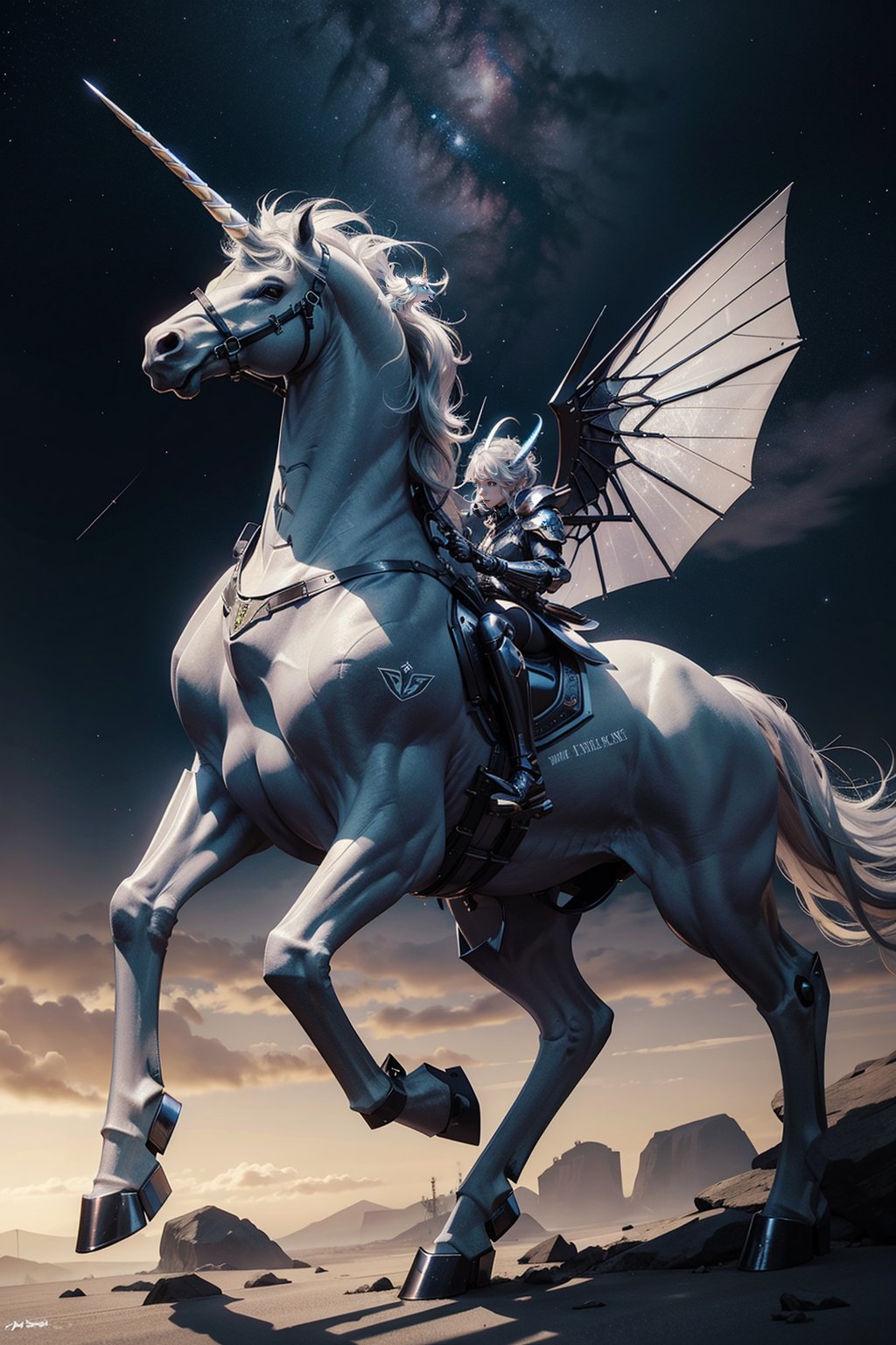 <lora:unicorns_V10:0.3>,mechanical unicorn,exoskeleton armor covered unicorn,exoskeleton armor,unicorn,unicorn,flying,raise forelimb,starry_sky,front view,aerial,