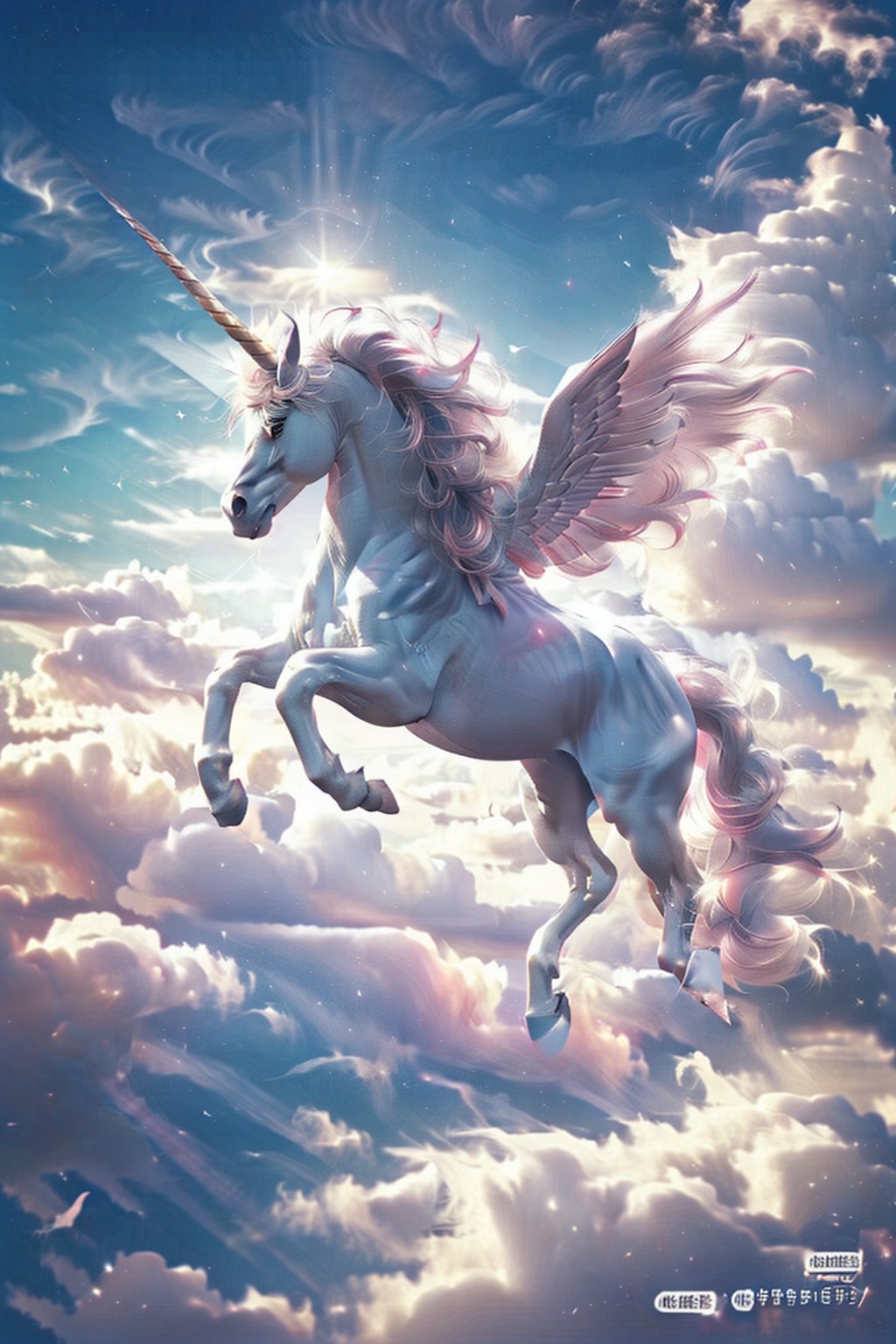 <lora:unicorns_V10:0.7>,<lora:Gunicorns_V10:0.9>,unicorn,1girl,cloud,unicorn,long hair,sky,black hair,hair ornament,pink sky,earrings,jewelry,dress,day,cloudy sky,lips,riding a unicorn,flying,a unicorn with white feather wings,raise forelimb,tall steed,