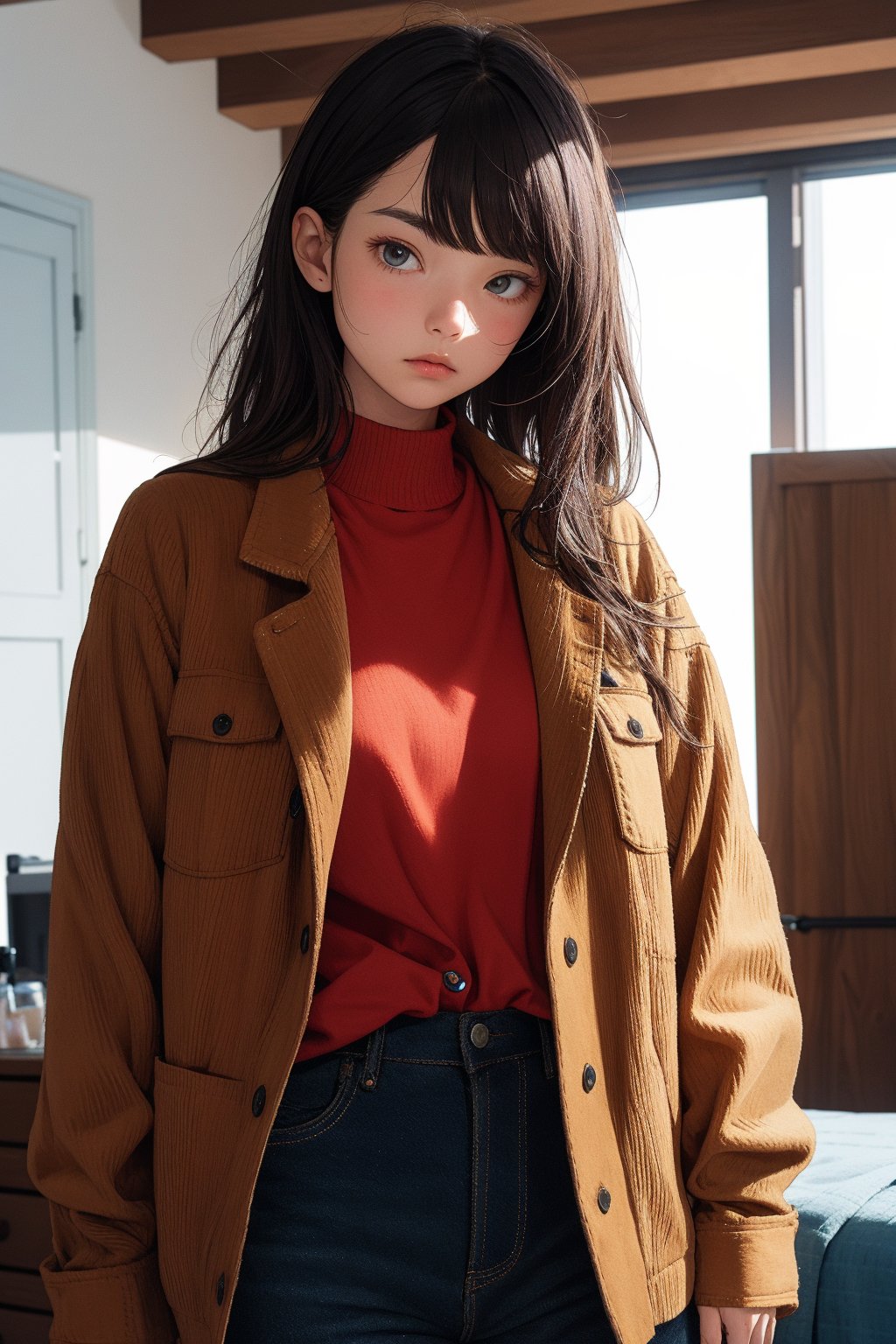 The inner shirt is visible between the buttons of a corduroy jacket that has been removed.She is looking somewhere in the room with a downcast gaze.